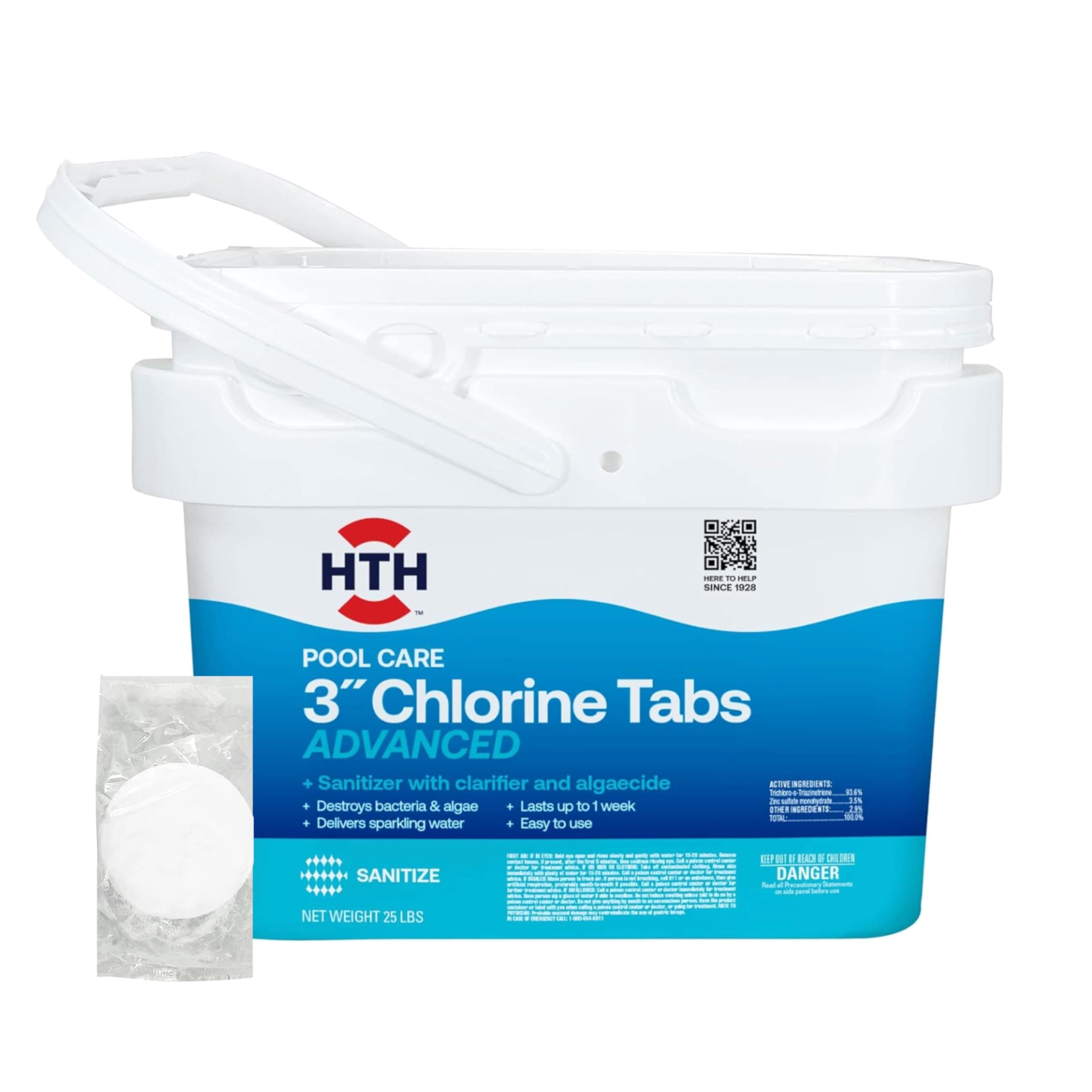 42055W Pool Care 3" Chlorine Tabs Advanced, Individually Wrapped Tablets - Swimming Pool Sanitizer with Clarifier & Algaecide, Destroys Bacteria & Algae, Delivers Clear Water All Season, 25 lbs