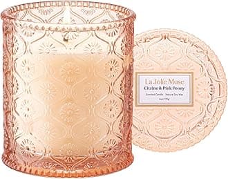 Citrine & Pink Peony Scented Candles - Bergamot, Peony, Amber | 6 oz Natural Soy Wax | 40 Hours Clean Burn | Citrus Scented Candle| Gift-Ready for Hosts & Gatherings