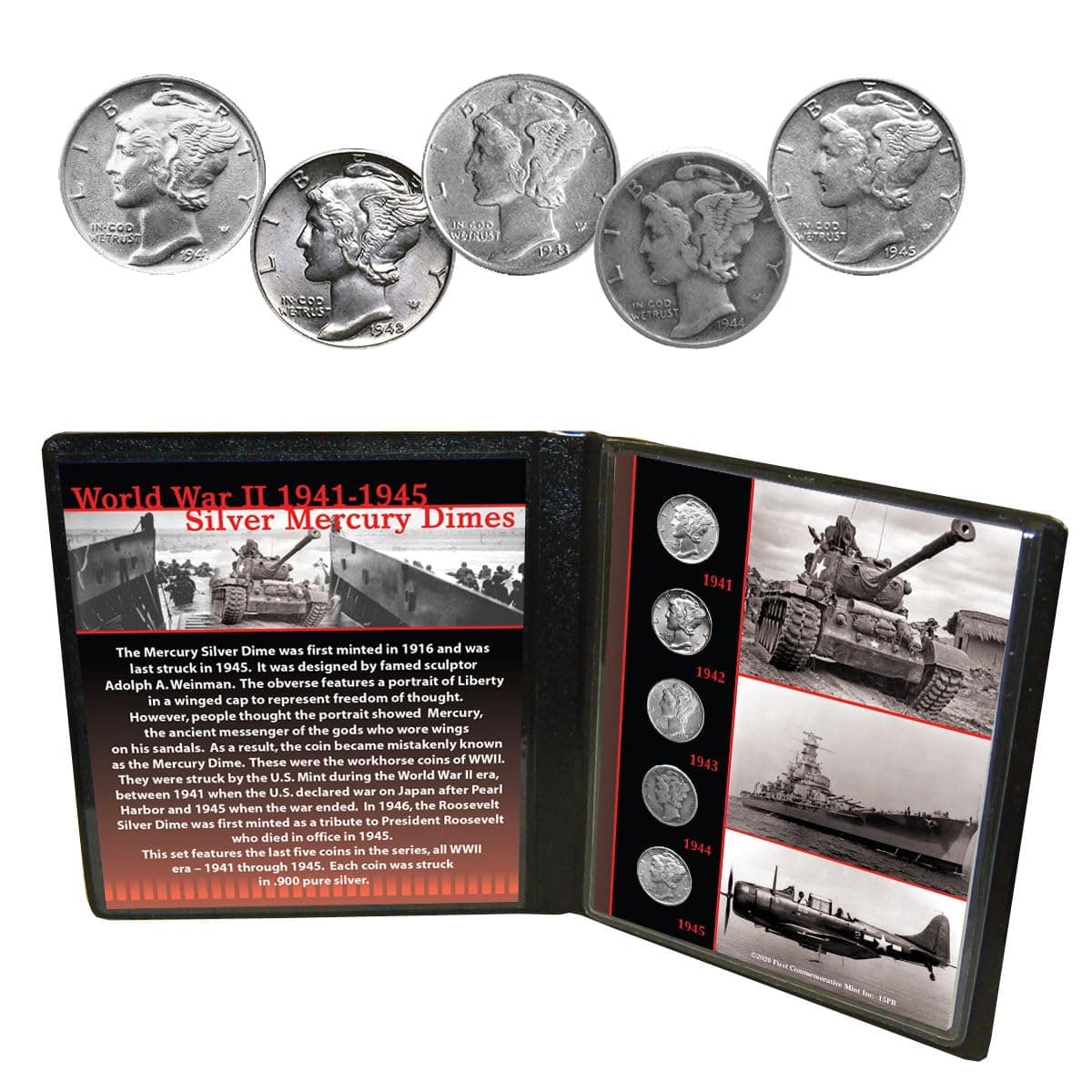 WWII Silver Mercury Dimes in Beautiful Display Folder (1941-1945)