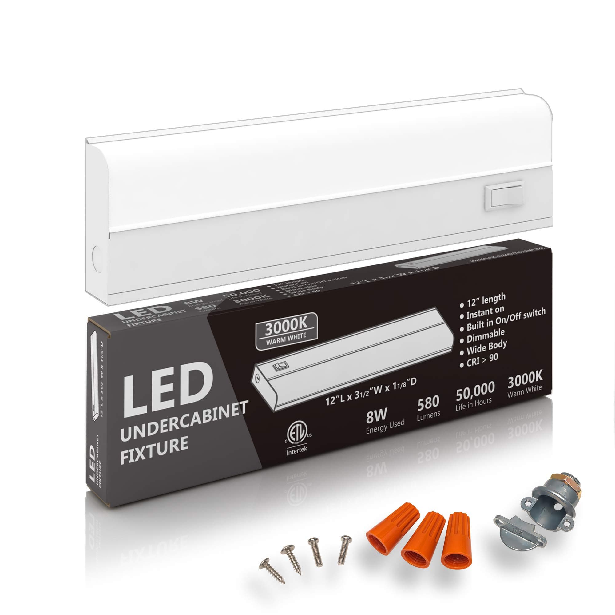 Hardwired LED Under Cabinet Lighting - 8 Watt, 12", Dimmable, CRI>90, 3000K (Warm White), Under Cabinet Lights for Kitchen Wide Body, Long Lasting Metal Base with Frost Lens - Under Counter Lights
