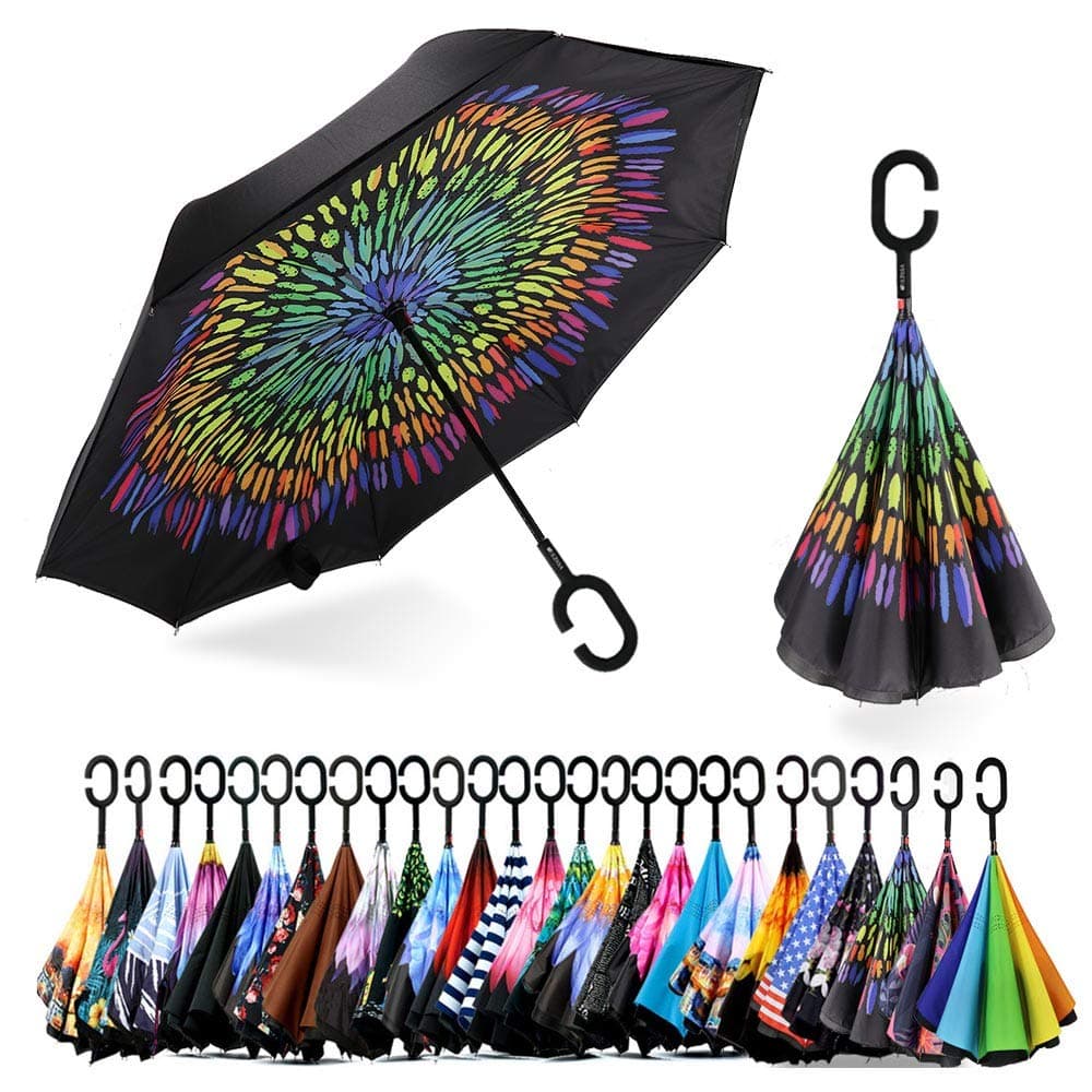 SIEPASA Inverted Reverse Upside Down Umbrella with C-Shaped Handle, Anti-UV Waterproof Windproof Rain Umbrella for Women and Men.