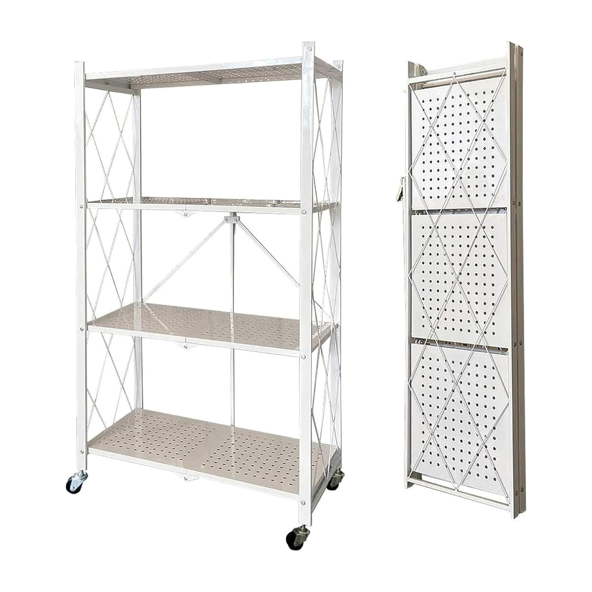Sulfar 4 Tier Foldable Storage Shelves with Caster Wheels for Kitchen, Bedroom, Bathroom, Garage (White)