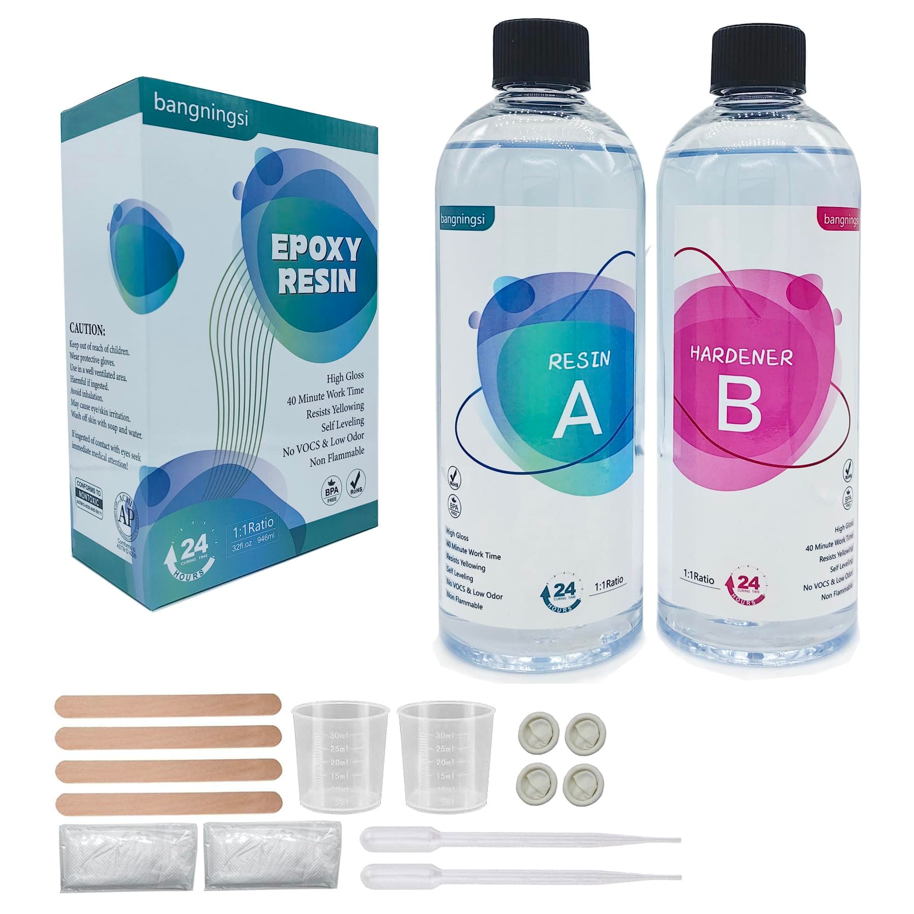 – Premium Epoxy Resin,32OZ(946ml) High Gloss Fast Curing Epoxy Resin Kit Crystal Clear-Not Yellowing No Bubble Self Leveling Easy Mix 1:1 Casting & Coating for Jewelry Art Tabletop Countertop Wood Craft