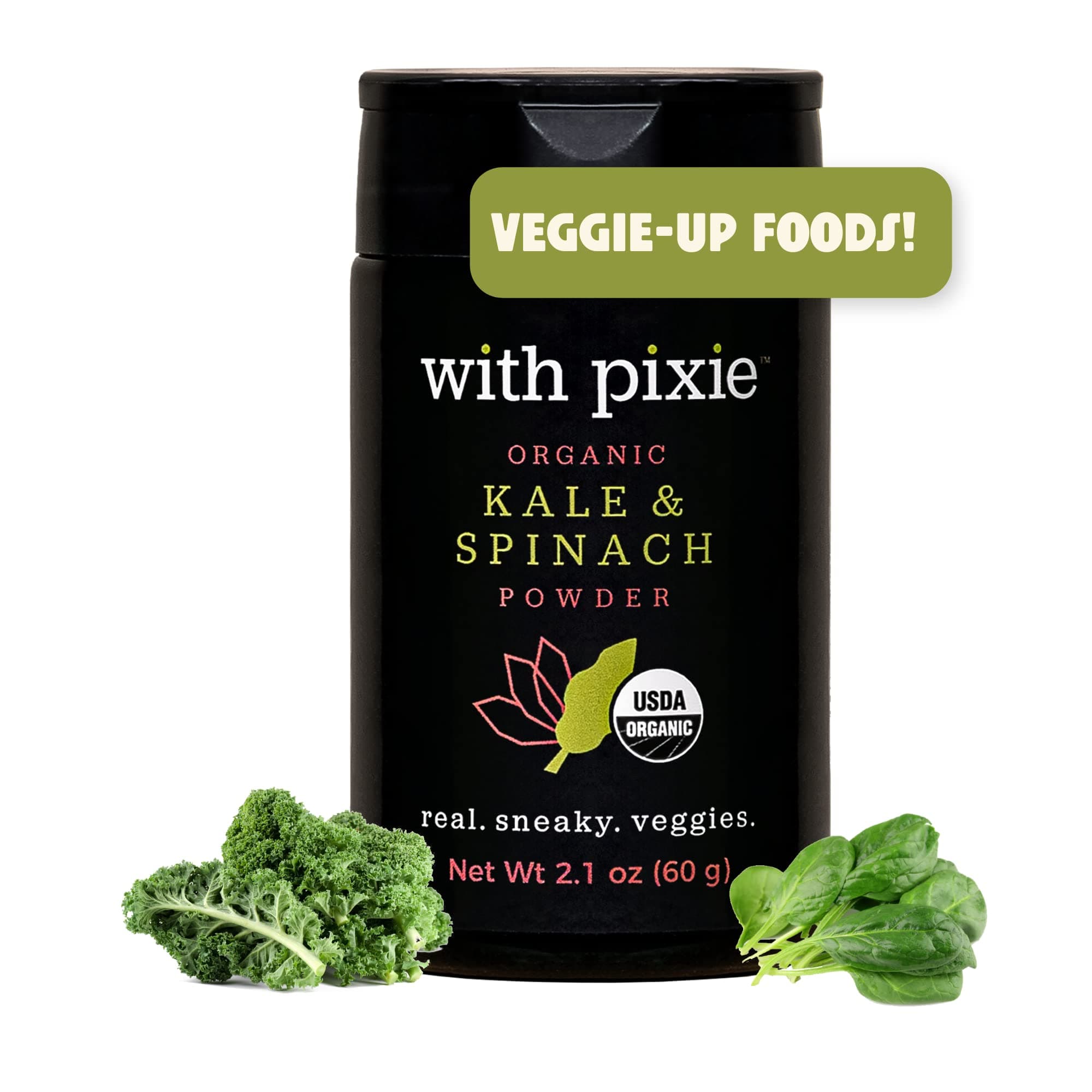 With Pixie Healthy Organic Kale & Spinach Vegetable Powder - Real Organic Whole Foods, Gluten Free, Greens Powder, Plant based, Vegan, Keto, Made with 25 cups of Fresh Veggies! 2.1 oz
