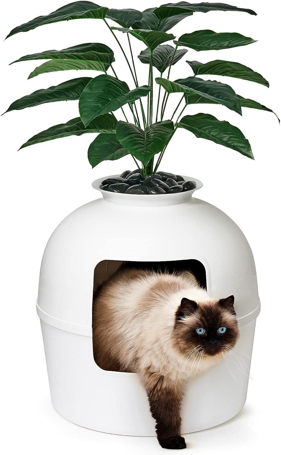 Secret Litter Box by Bundle & Bliss - Hidden Litter Box Enclosure, Patented Design with Odor Control, Includes Faux Plant, Carbon Filter and Real Stones Vivid White