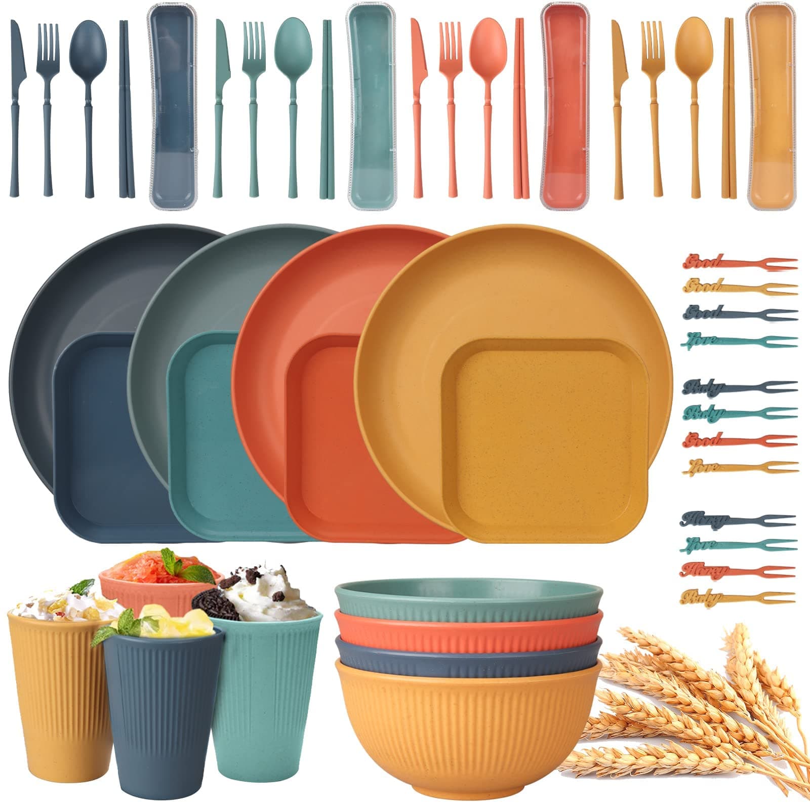– 48pcs Unbreakable Dinnerware Sets for 4 People, Camping Plates and Bowls Set, Plastic Picnic Dinner Sets, Lightweight Colorful BBQ Plastic Serving Plates, Bowls, Cups,Cutlery Set, Forks,Tableware