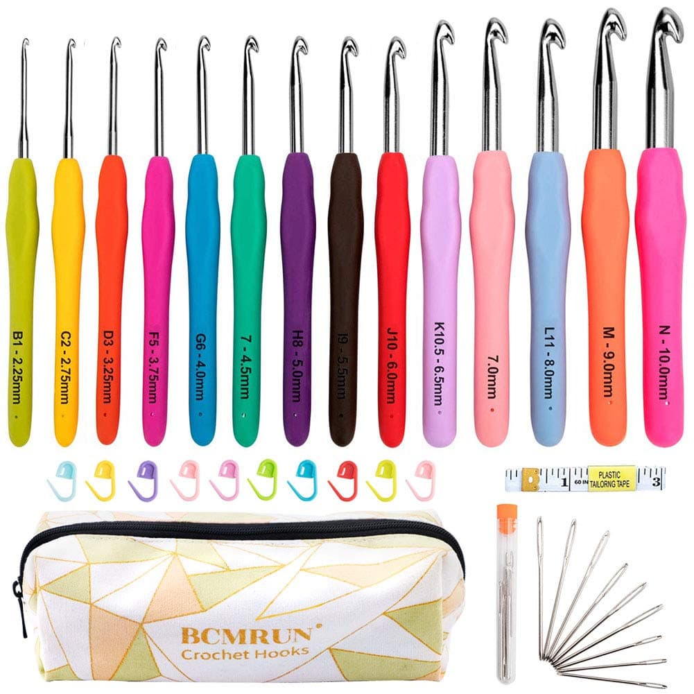 BCMRUN Crochet Hooks Set,14 PCS 2mm(B)-10mm(N) Ergonomic Soft Grip Handles Yarn Knitting Needles Kit with Case for Arthritic Hands, Extra Long  Knit Needles, Best Gift for Women