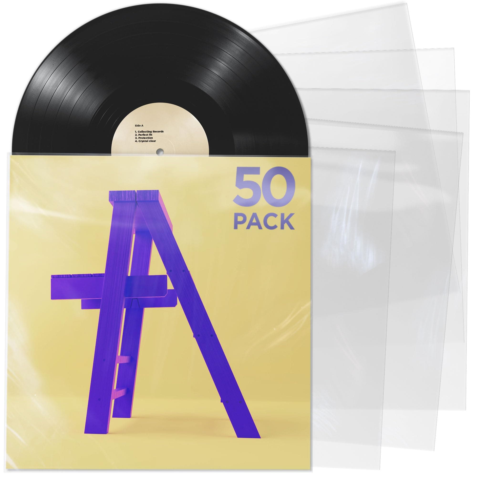 Claev Outer Record Sleeves for Album Covers - 50 Clear Plastic Outer Sleeves to Protect 12" LP Vinyl Record Albums - 12.75 x 12.75 inch & 3 mil Thick - Archival Quality for Collection Protection