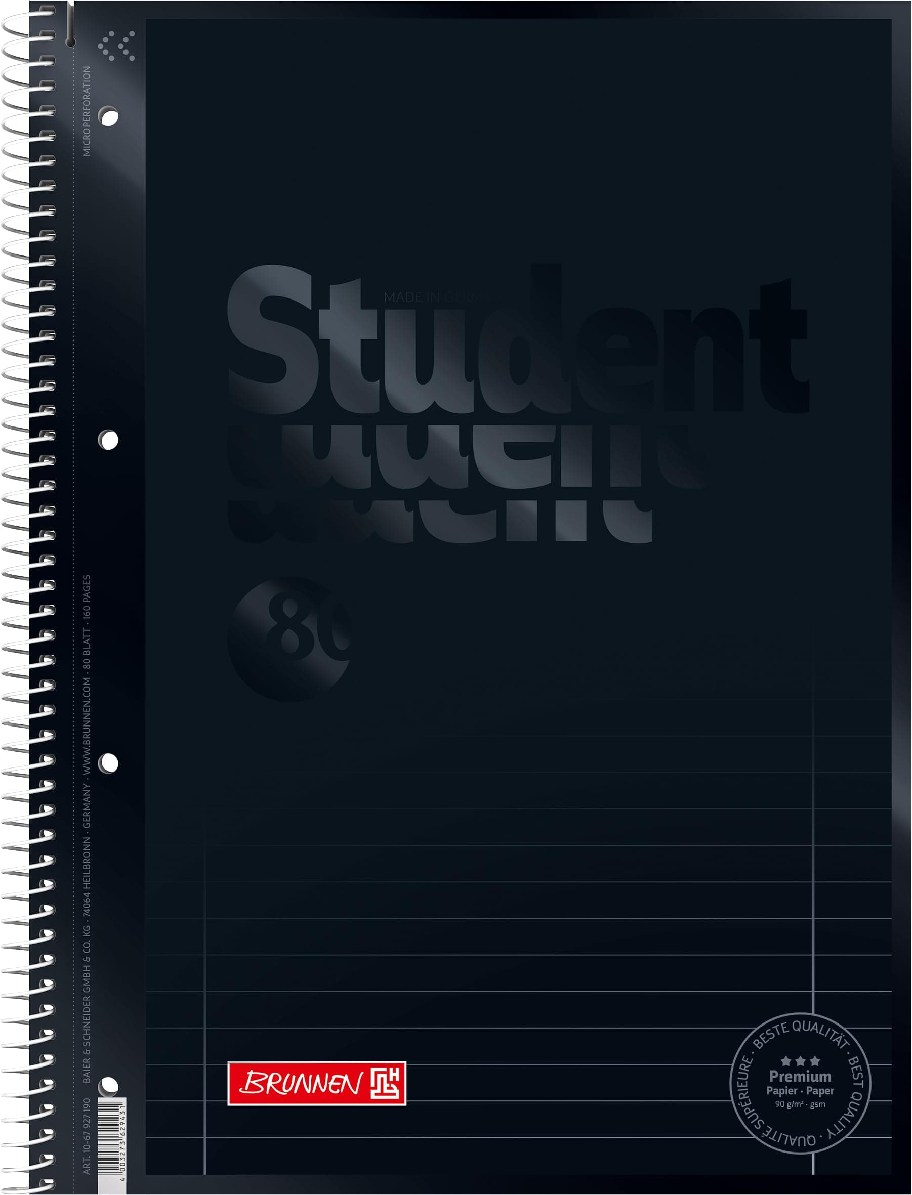 BRUNNEN1067927126 Colour Code Student Notepad (A4 Ruled, line Style 27, 90 g/m², 80 Pages) Onyx Schwarz