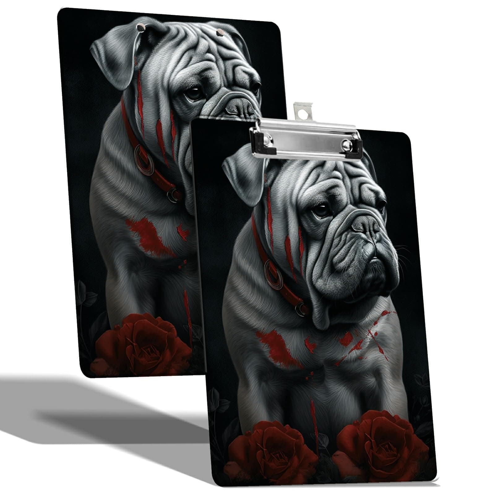 A4 Size Clipboard with Hanging Hook and Low Profile Clip, Plastic Nurse Clipboard Writing Drawing Board with Double-Side Bulldogs Print for Woman Kids Office School Use