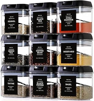 Spice Containers with Labels, 9 Pcs 16 Fl Oz Large Plastic Tea Storage Containers with 148 Spice Labels and 9 Spoons, Square Airtight Seasoning Containers Set with black Lids for Kitchen Pantry Coffee