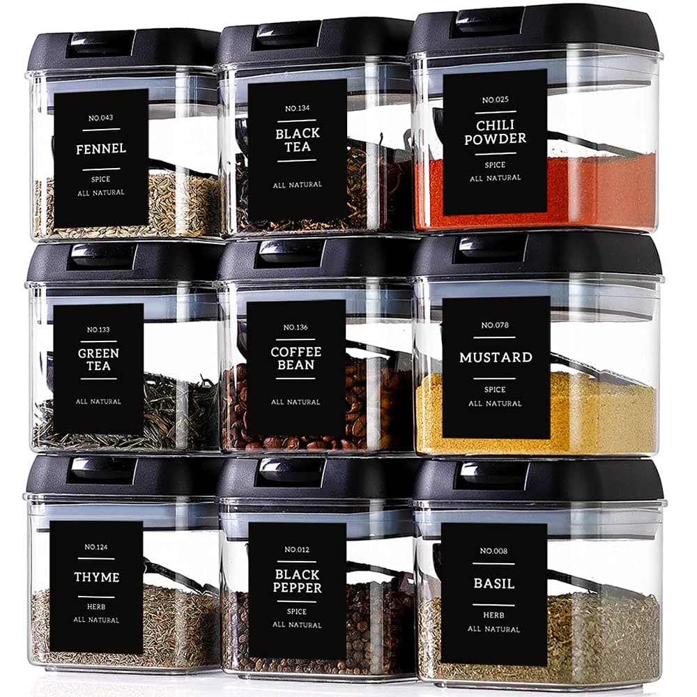 Minimalist 9-Piece Large Plastic Square Spice Containers Set with 148 Labels and 9 Spoons, 0.473L Airtight Food Storage Containers for Kitchen Pantry