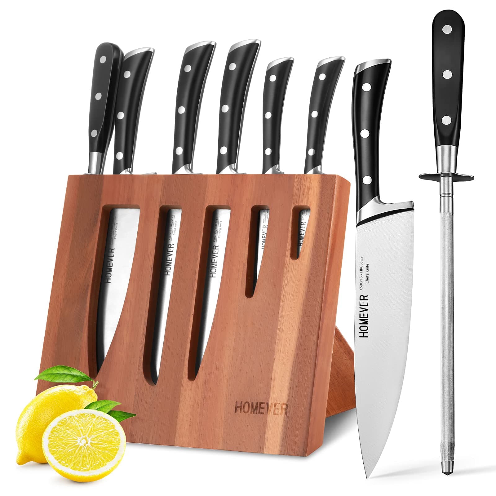 7-Piece Knife Sets for Kitchen with Block, HOMEVER Chef Knife Set High Carbon Stainless Steel Knives with Sharpener, Knife Block Set Super-Sharp Blade, Hollow Wooden Block, Dishwasher Safe