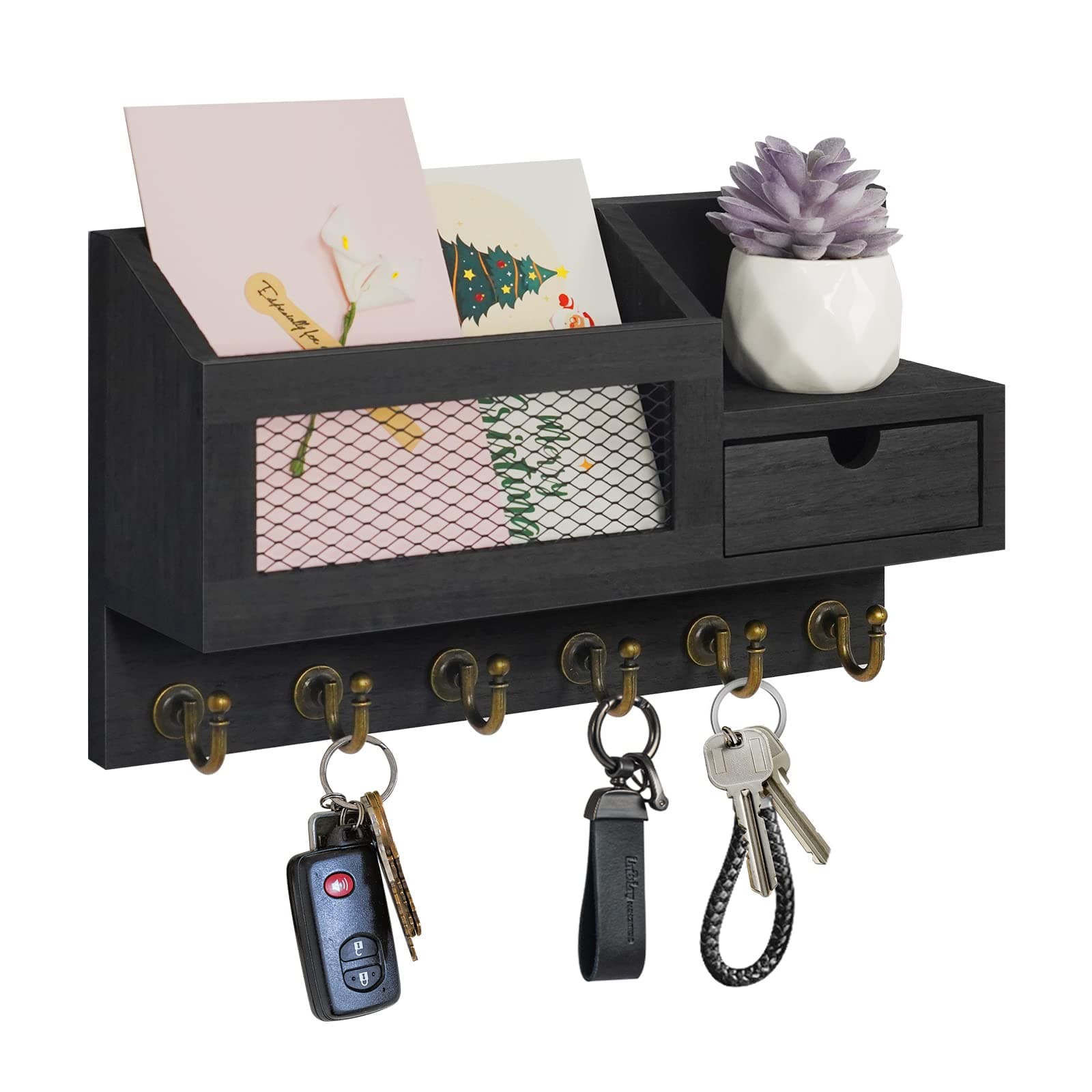 Key and Mail Holder for Wall, Mail Organizer Wall Mount with 6 Hooks and Storage Drawer, Easy Installation Key Rack for Entryway and Home Decor (B-Black)
