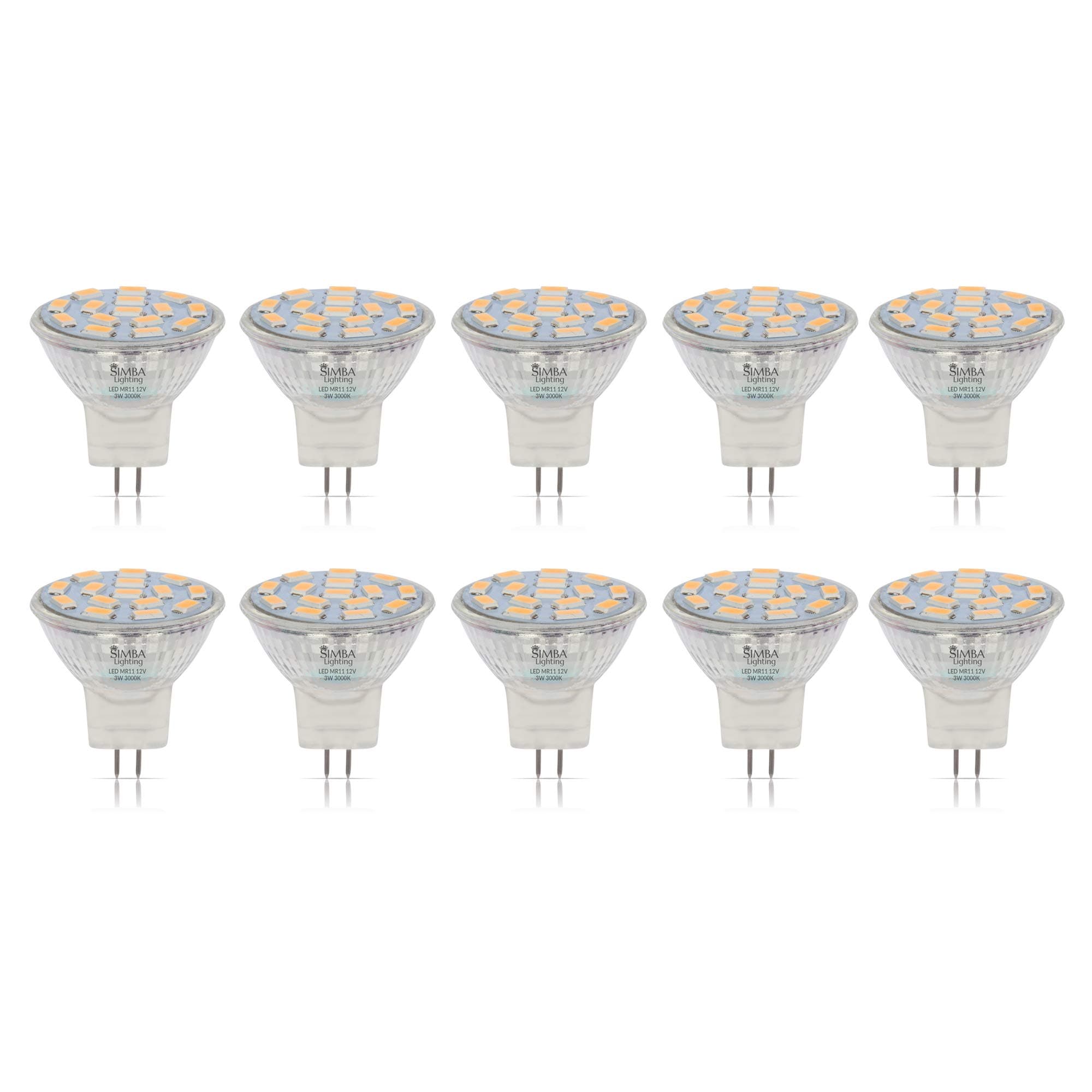Simba Lighting LED MR11 Flood Light Bulbs (10 Pack) 12V 3W 20W Halogen Replacement 2-Pin 240lm for Landscape, Accent, Track Lights, and Christmas Tree Fiber Optics, GU4 Bi-Pin Base, 3000K Soft White