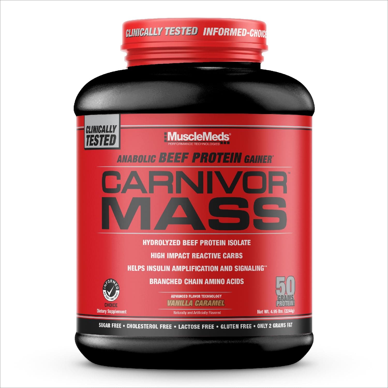 CARNIVOR Mass Gainer Beef Protein Isolate Shake, 50 Grams Protein, 125 Grams Carbs, 0 Fat, 0 Sugar, Lactose Free, Vanilla Caramel, 5 Pound