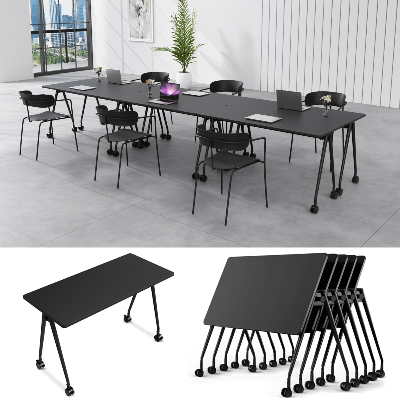 6-8 Person Conference Table Folding Conference Table for Office、Training, Seminar,Schools Modern Wood Conference Meeting Room Table Large Rectangular Conference Room Tables (4, Black, 55in)