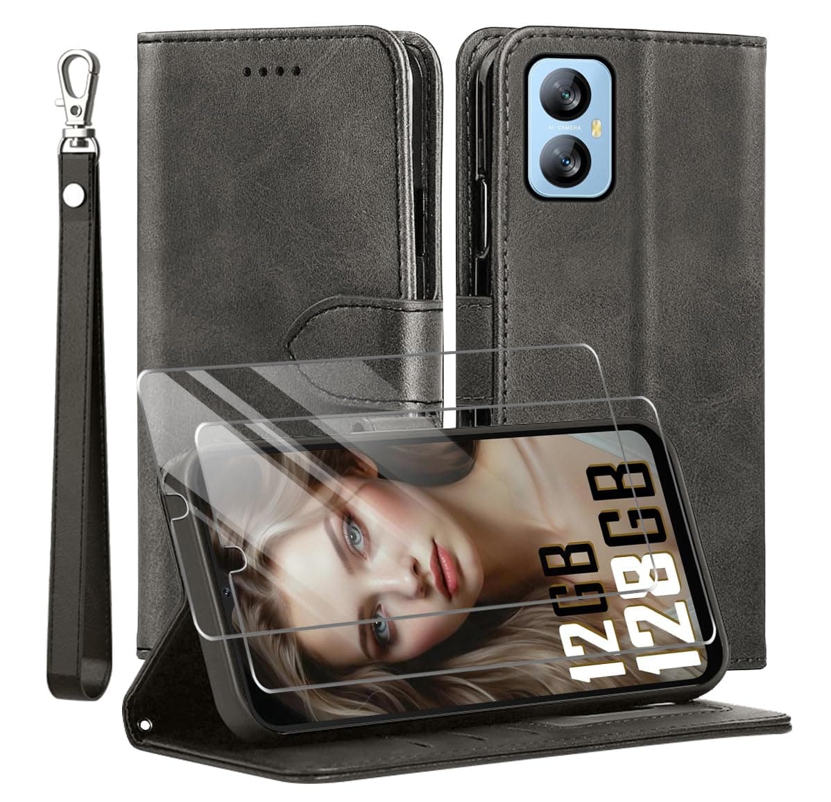 TTYSHTT for Blackview A52 pro/A52 Case and 1 Tempered Glass Screen Protector, Leather Wallet Phone Case with Card Slots Magnetic Closure Kickstand Protective Cover - Black