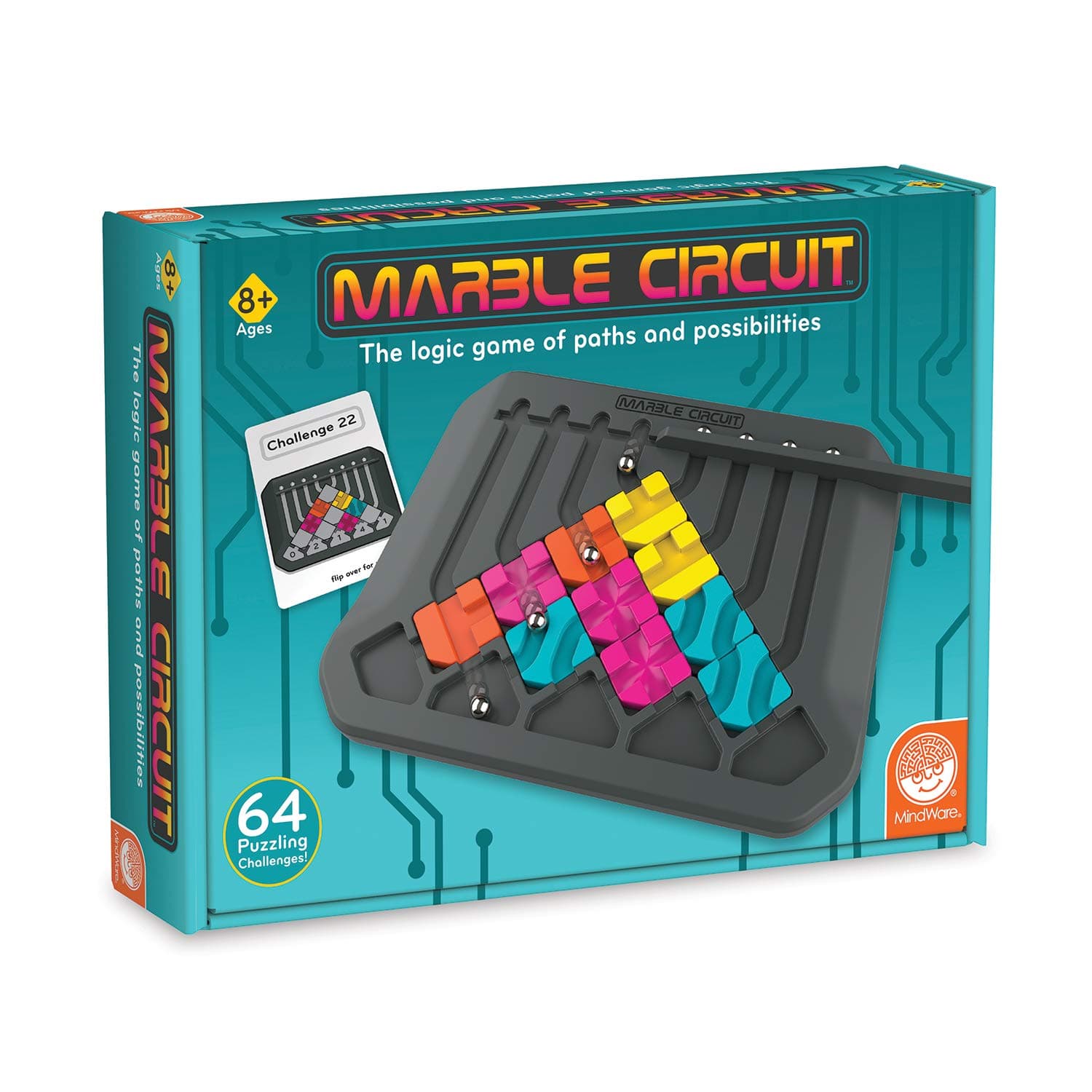 MindWare Marble Circuit Logic Game for 1 Player Great Gift for Kids who Like Puzzles & Brain teasers 64 Card Challenges & 24pcs Fun for Kids & Adults Ages 8+, Multicolor
