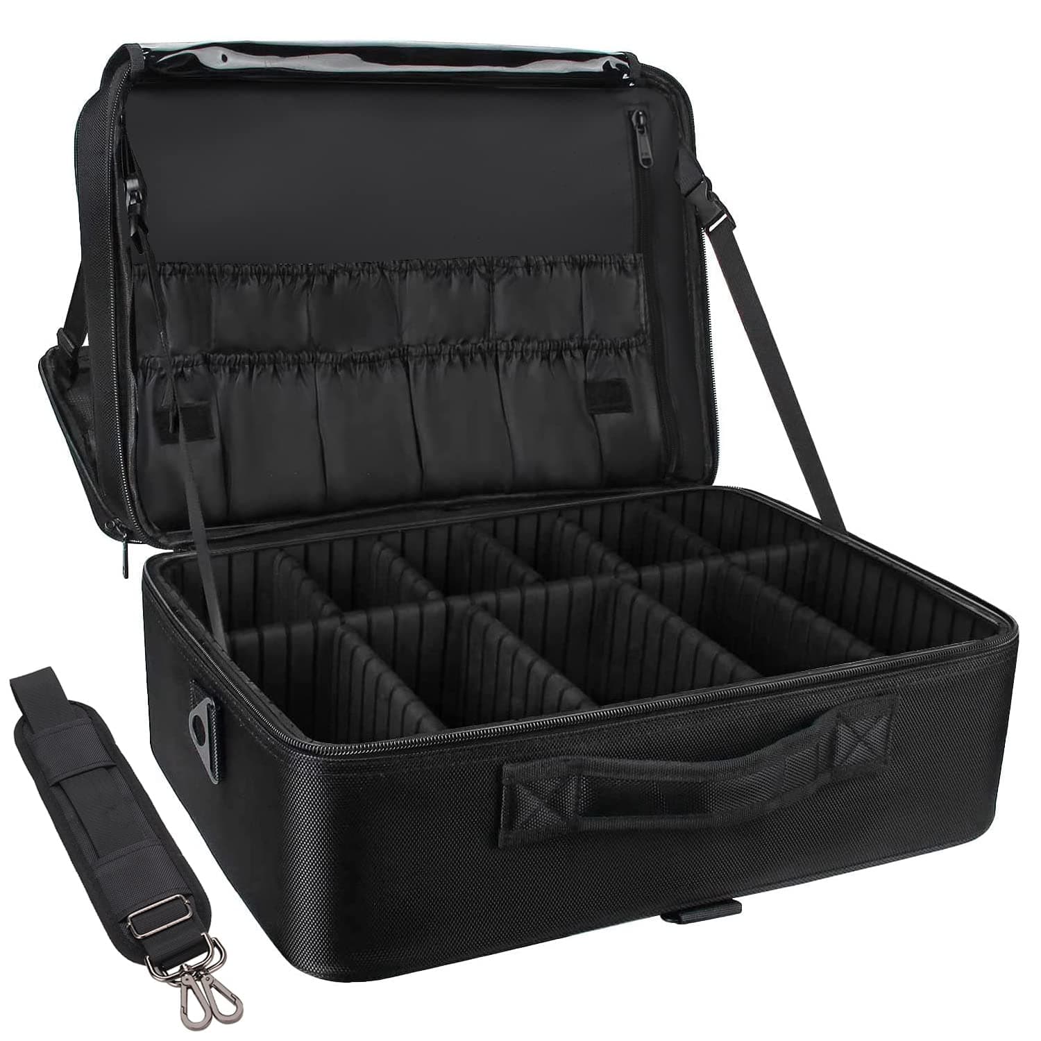 Relavel Extra Large Makeup Case Travel Makeup Train Case Professional Makeup Artist Bag Portable Nail Organizer Box Art Supply Case with Adjustable Dividers/Attach to Trolley/Shoulder Strap (Black)