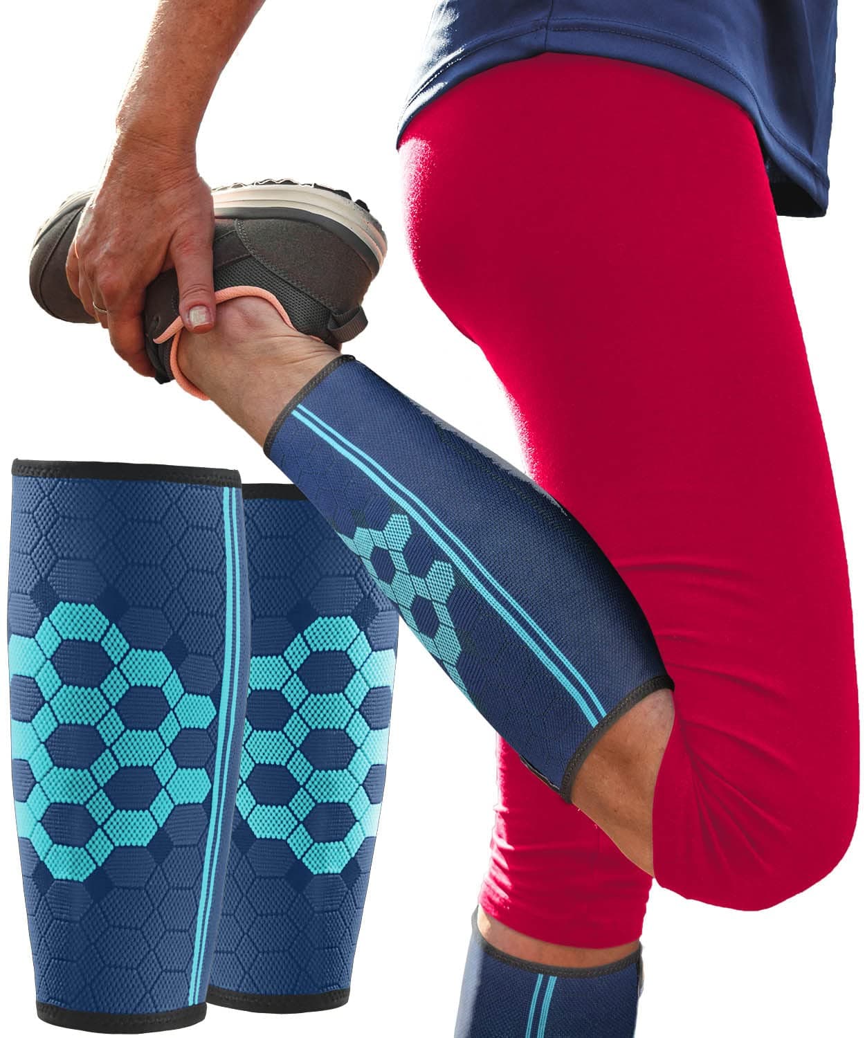 Sparthos Calf Compression Sleeves (Pair) – Leg Compression Socks for Men and Women – Shin Splint Calf Pain Relief Medical Leg Pain and Cramps Recovery Varicose Veins (Blue-M)