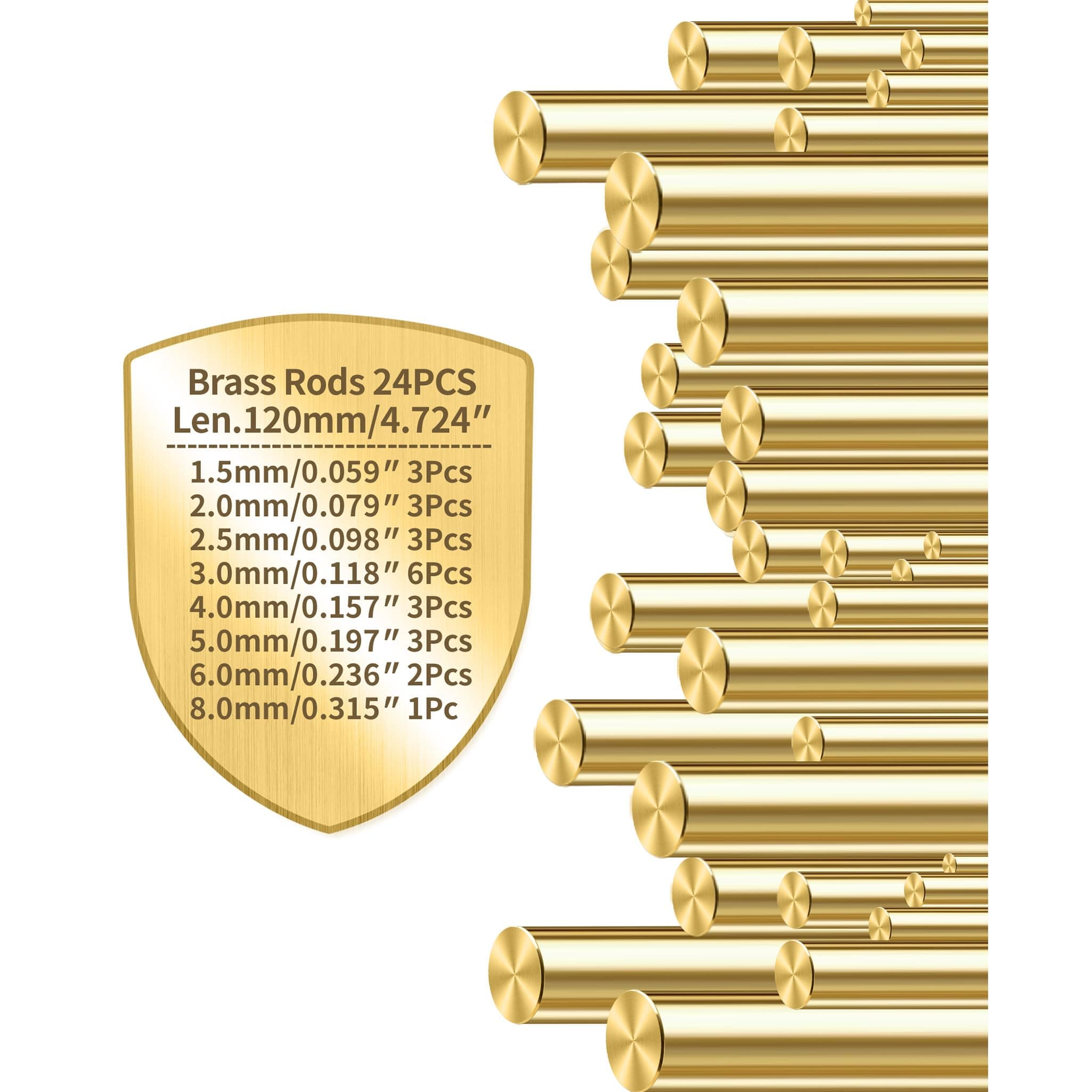 Brass Rods 1.5, 2, 2.5, 3, 4, 5, 6, 8mm, L=120mm 24 Pcs Assortment for Knife Making Knife Handles Pins Stock Knife Scale Solid Round Dowel Rivet Gunsmithing Crafts Modeling Hobby Varied Dia.