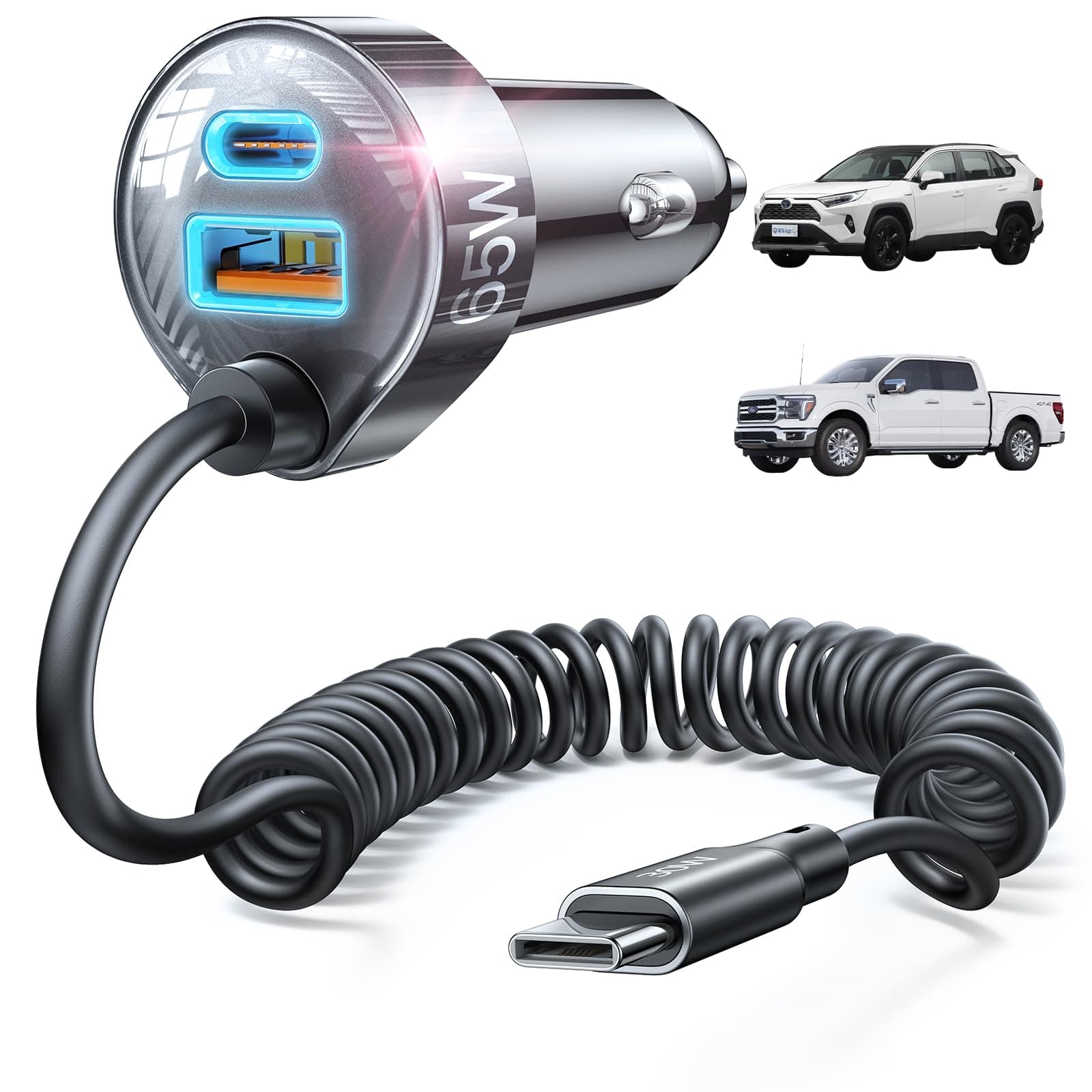 65W Cigarette Lighter USB Charger【6.6 ft for Full Reach】,Super Fast USB C Car Charger with 30W Super Fast Charging Coild Cable Fit iPhone 17 16 15 Air Pro Max Plus,Samsung Galaxy S25/24,Android