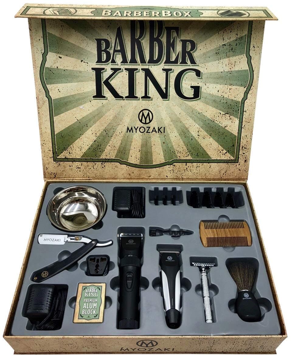 Barber Box Kit - including 9 items: Hair Clipper(4 Combs) Hair Trimmer(3 Combs) Straight Razor, Shaving Bowl, Vintage Safety Razor, Shaving Brush, Alum Block, Beard Comb, Travel Adapter