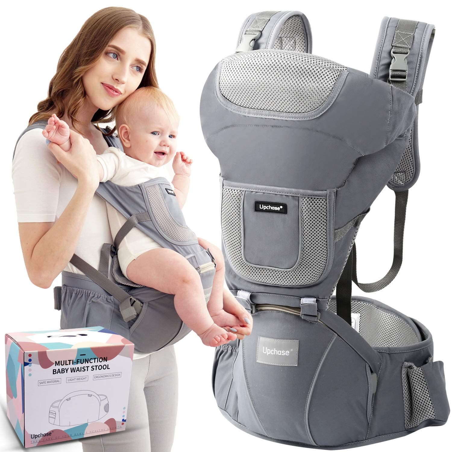 Ergonomic Hip Seat Baby Carrier, Front and Backpack, Detachable Seat, Lightweight and Breathable (0-36 Month) Grey