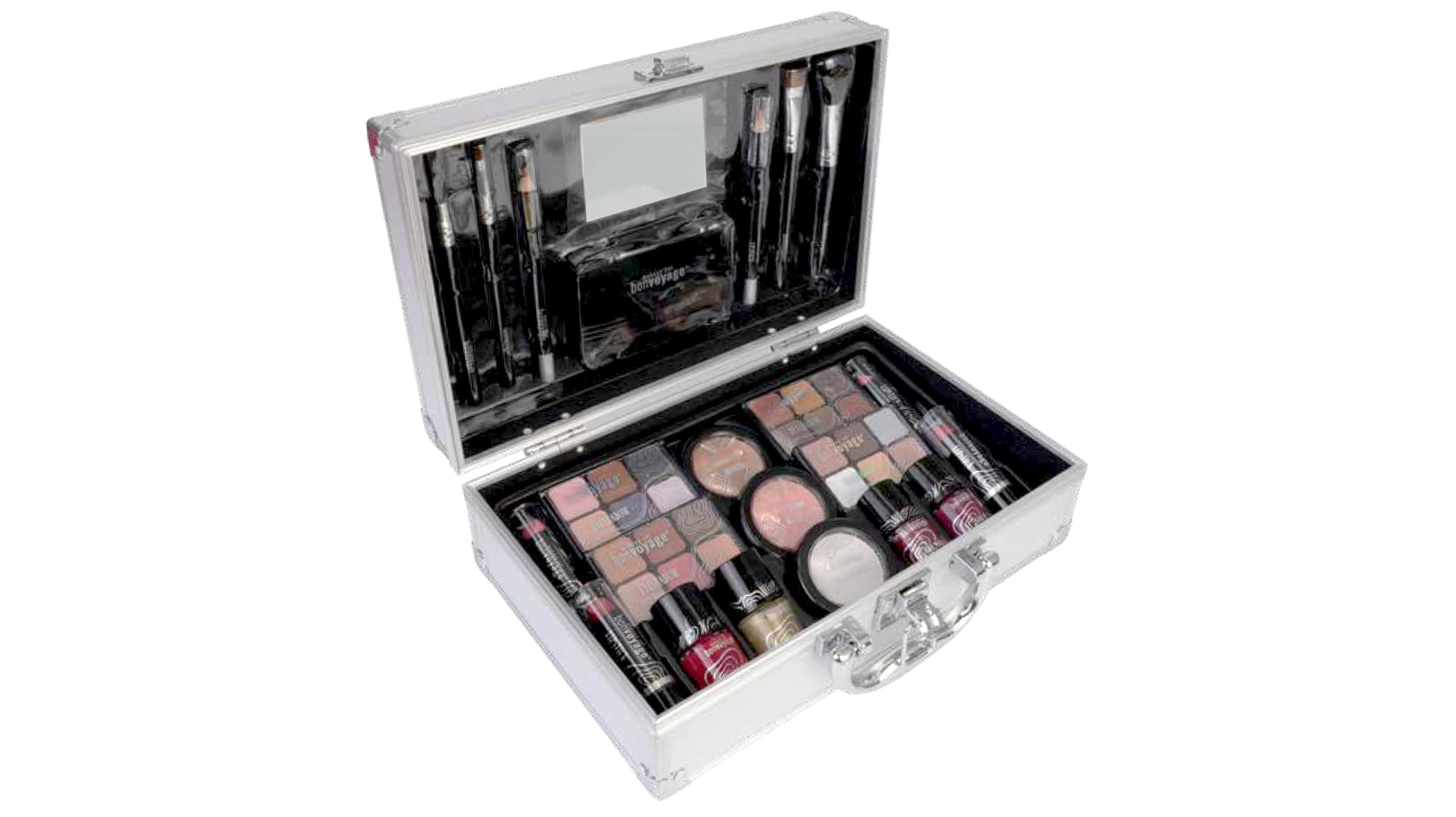 bonvoyage, Makeup Kit, Includes Lipsticks, Eyeshadows, Blush, Nail Polish, Mirror and Make Up Brushes, Portable Lightweight Metal Train Case, Bon Voyage