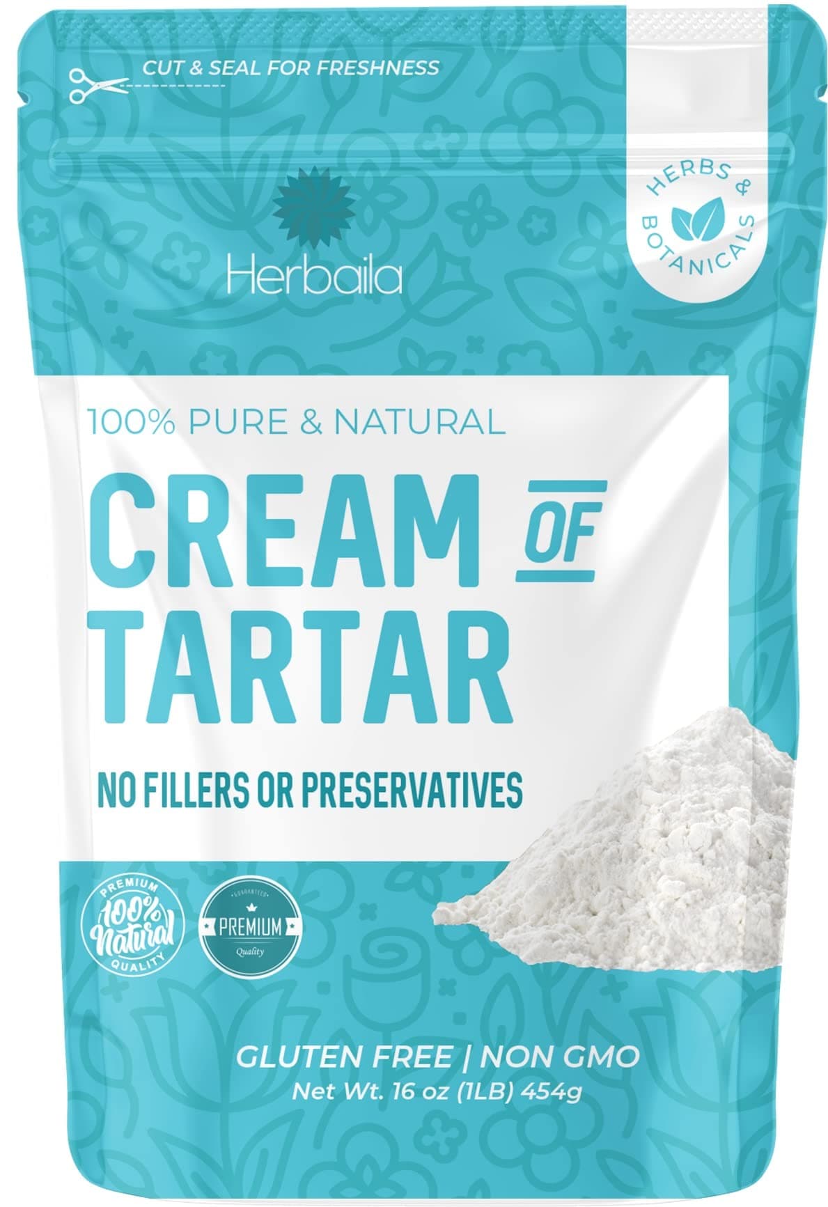 Herbaila Cream of Tartar for Baking 1lb, Gluten Free, Premium All Natural Food-grade Cream of tartar bulk, natural choice tartar powder - great for meringues, bath bombs, cream of tarter 1 lb
