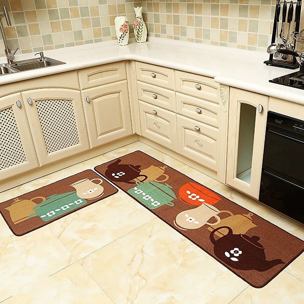 EUCH Home and Kitchen Mat Rugs 4 Size 2 Pieces Decorative Non-Slip Rubber Backing Doormat Runner Area Mats Sets (20" 31"+20" 59", Pots)