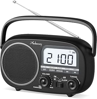 Audiocrazy Portable Radio AM FM with Bluetooth,Built-in Rechargeable Battery/Plug in Wall/4*D Cell Battery Operated, Digital Time Display, Transistor Radio for Home,Outdoor,Gift,Seniors Space Black
