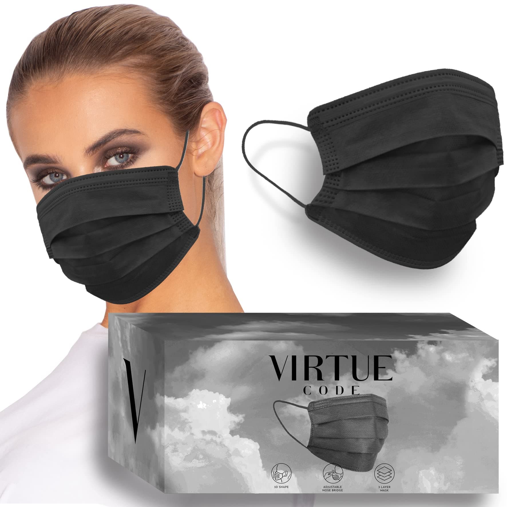 VIRTUE CODE On The Go Curved Face Masks - Soft 3 Ply Comfort 50 Disposable Face Masks