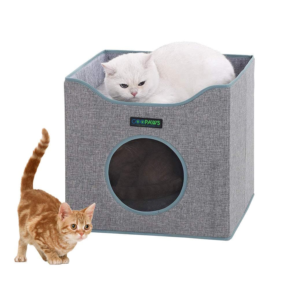 JESPET Foldable Cat Condo, Cat Cube House & Sleeper Bed with Lying Surface 2 Reversible Cushions, Cat Hiding Place, Cat Cave, Linenette Fabric, Felt and Engineered Wood, Scratch Resistant, Smoke Gray