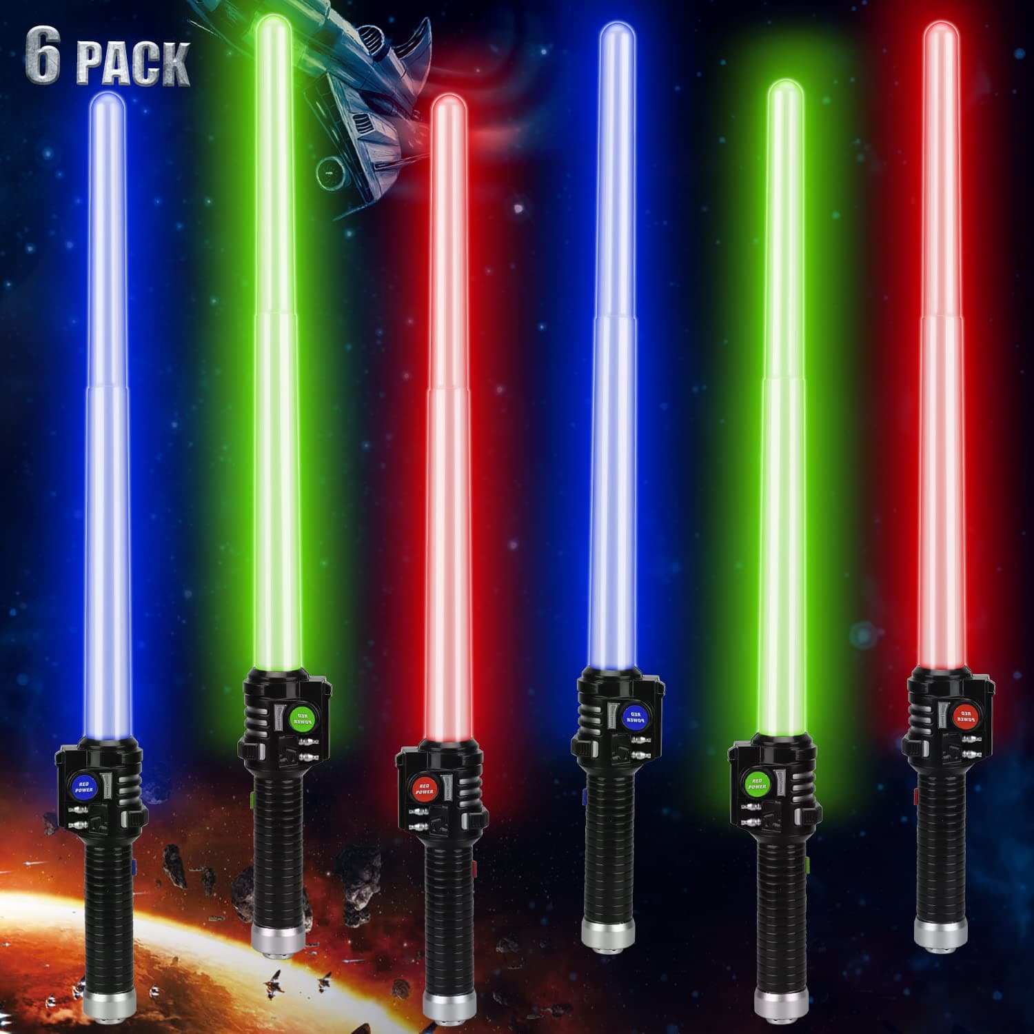 Light Up Saber, 6 Pack Lightup Sabers, Collapsable & Extendable Light Up Sword Toy, Motion Sensitive FX Sound, Galaxy War Saber Toy for Kids Adults Party Favors