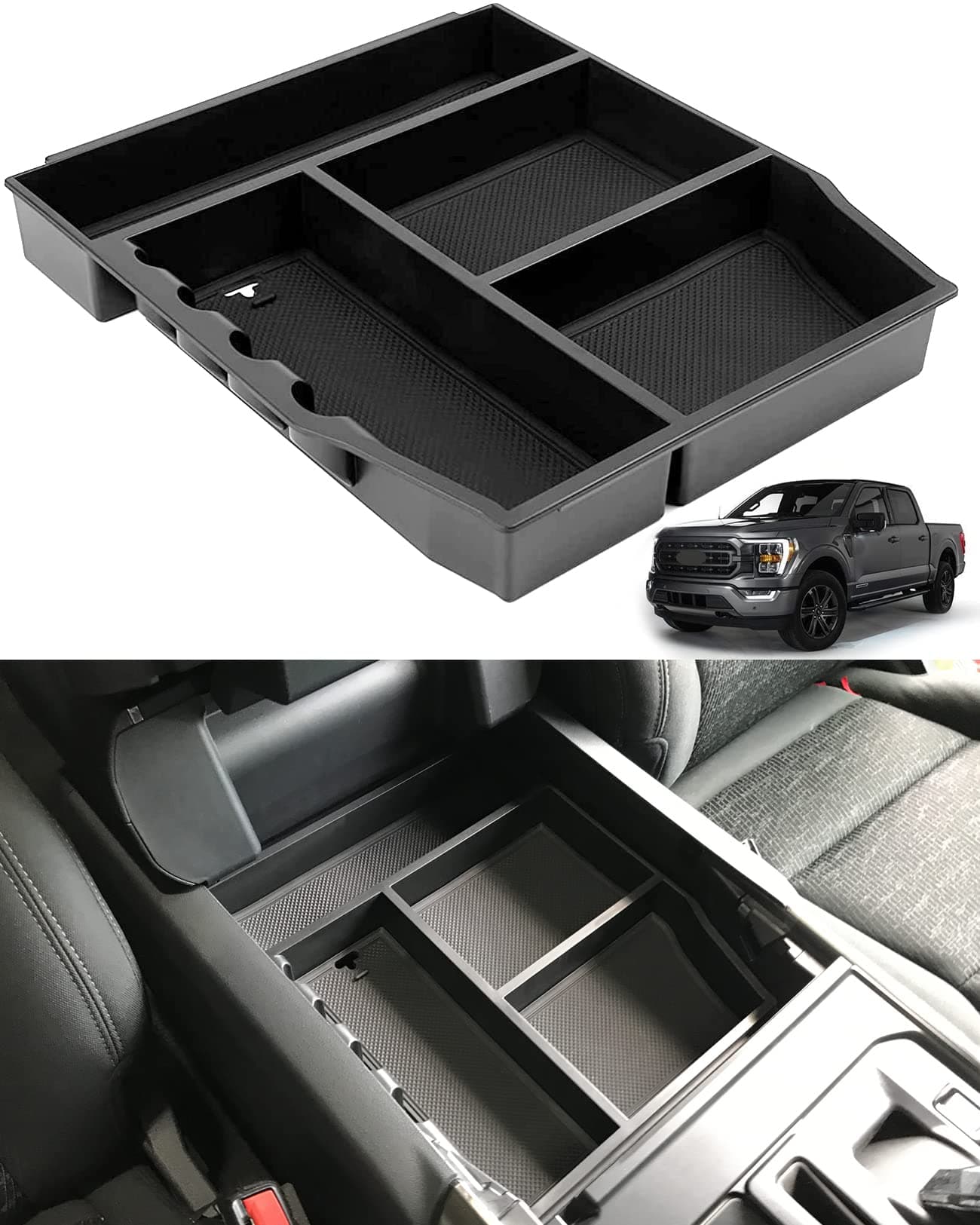 TopLight Center Console Organizer Tray Center Console Armrest Box Fit for 2021 Ford F150 Full Center Console Front Row 2 Seats Only Truck Interior Accessories,ABS Black Material with Anti Slip Mat