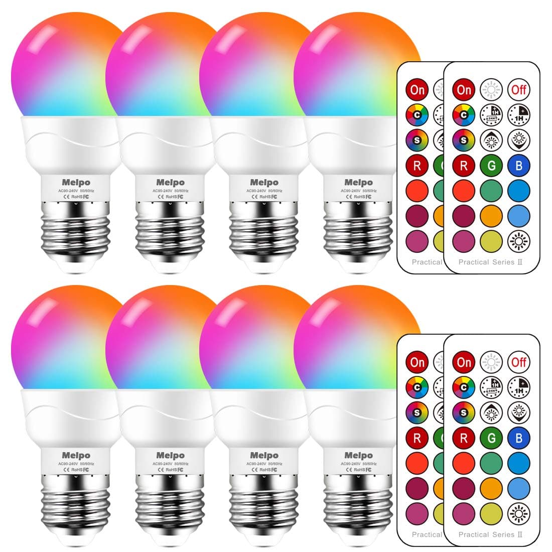 MELPO LED Color Changing Light Bulb with Remote Control, 5W 40W Equivalent, 500LM, 5700K,E26 Dimmable RGB Light Bulbs for Birthday Party/KTV Decoration/Household/Bar/Wedding (Pack of 8)
