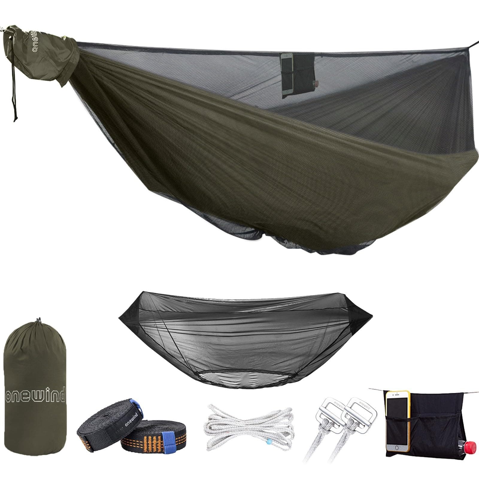 onewind 11ft Camping Hammock with Bugnet, Portable Double Hammock with Mosquito Net, Backpacking Hammock with Net Adjustable Ridgeline Tree Straps for Outdoor Hiking Backpacking, OD Green