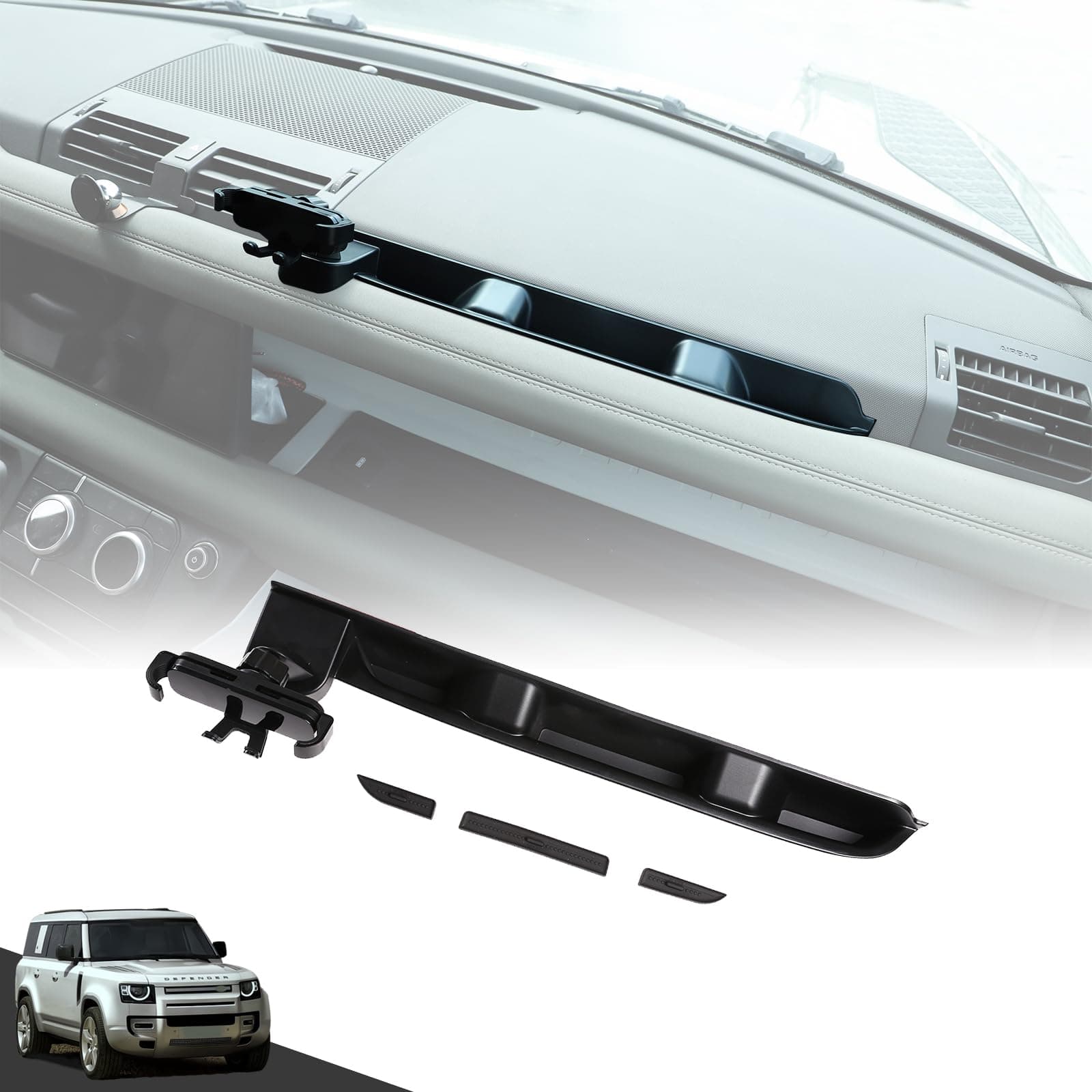 Co-pilot Front Organizer Tray Compatible with L@nd Rover Defender 90/110/130 2020-2025 Accessories, Dashboard Side Storage Box ABS Black (With Phone Holder (A))