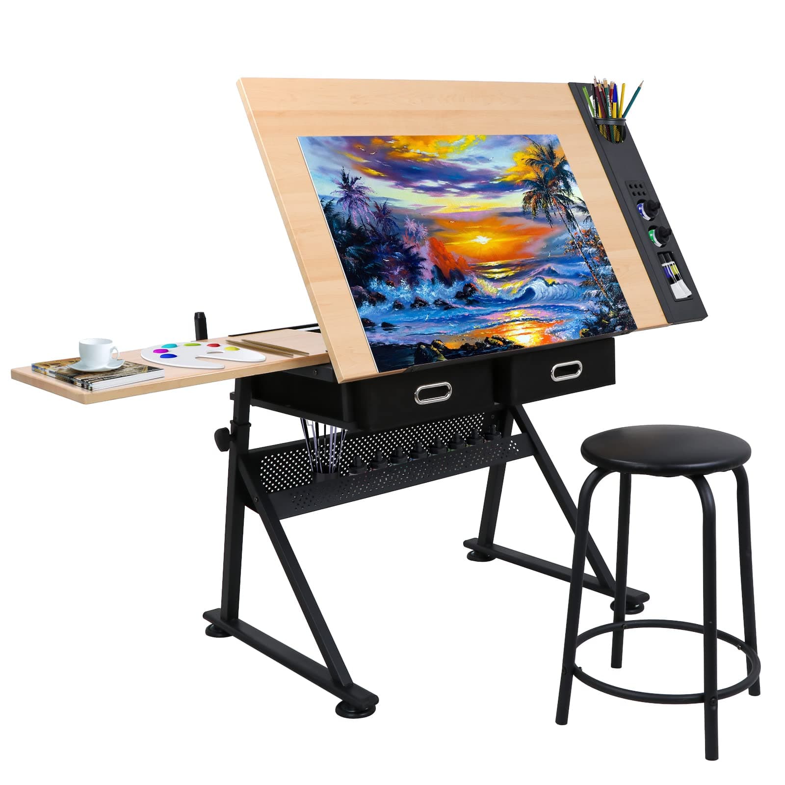 Drafting Table Art Desk Drawing Table Height Adjustable Artist Table with Tilted Tabletop, Drafting Stool and Storage Drawer for Reading, Writing, Crafting, Painting Art