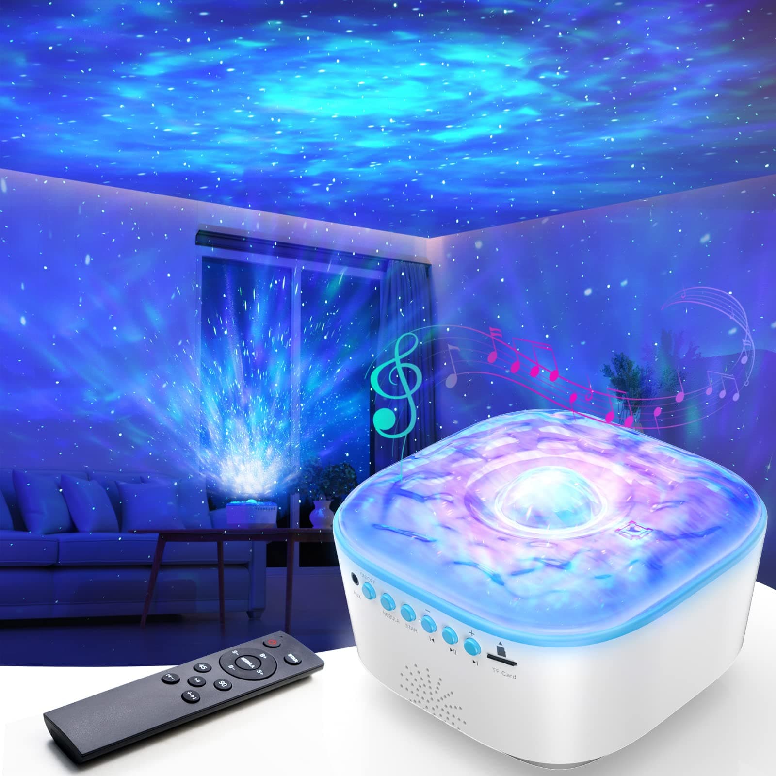 Galaxy Projector, Star Projector Night Light with Remote Control/Timer Function/Built-in Music, LED Projector Light with 8 Lighting Modes for Kids Adults Bedroom/Party/Gift (White)