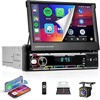 Wireless Carplay 7inch Single Din Touchscreen Radio,IPS Manual Flip Out Touchscreen,AM/FM/RDS 5.1Bluetooth Car Stereo,Fast Charging,Wireless Android Auto,Mirror Link,2 USB/TF/AUX Port+Backup Camera