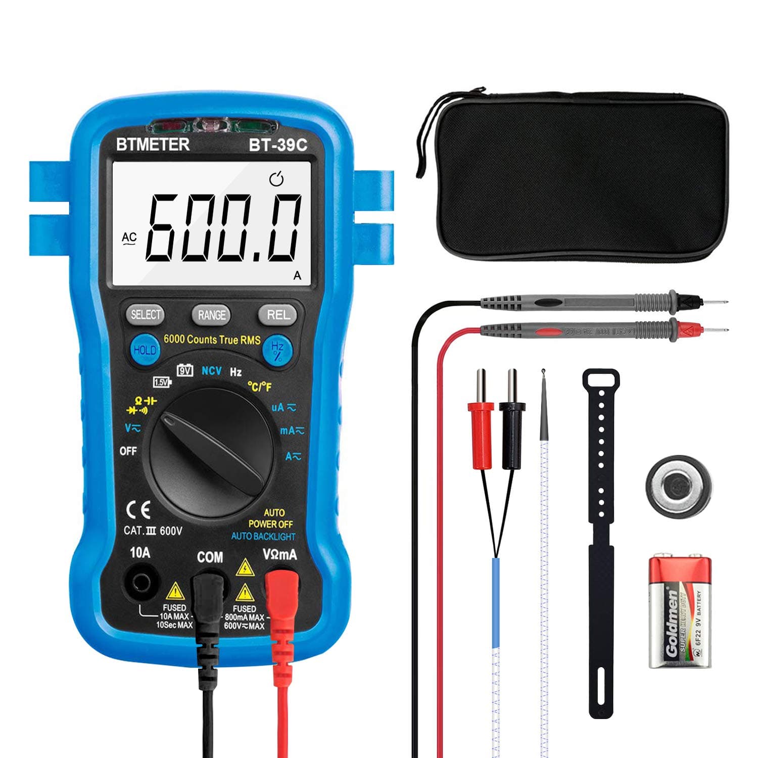 BTMETER BT-39C True RMS Multimeter, Auto Range Digital Avometer 6000 Counts Accurate Measures AC/DC Amps, Volts, Ohms, Capacitance,Frequency with Auto Backlight, NCV Temp Test