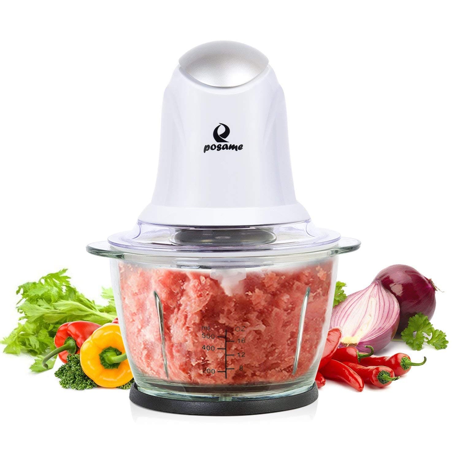 POSAME Mini Food Processor Meat Grinder Chopper Electric,Small Kitchen Food Chopper for Meat Vegetable Fruit Cutter Onion Slicer Dicer, with 4-Cup Glass Bowl-White
