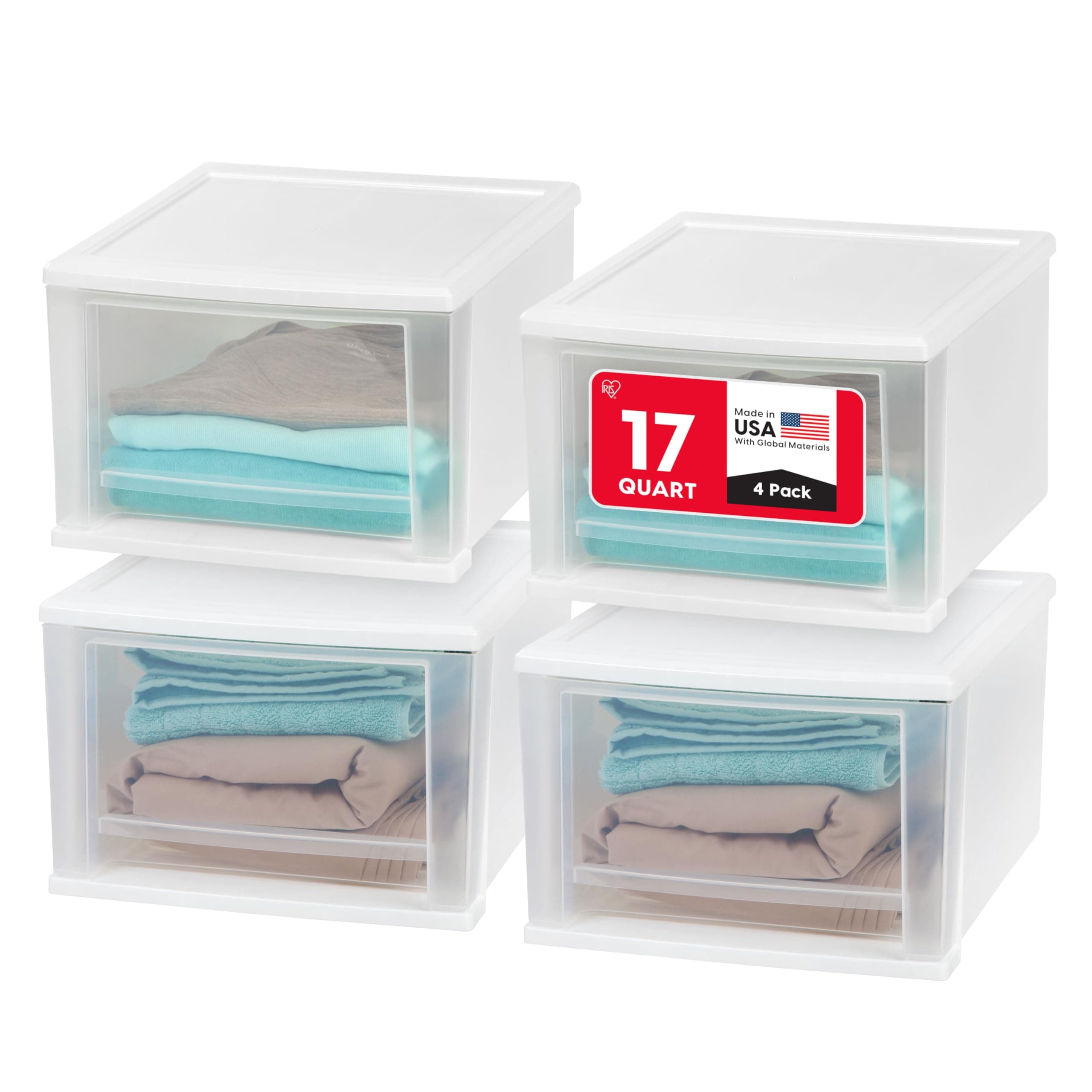 IRIS USA 17 Qt. Medium Plastic Stacking Drawer, Stackable Storage Organizer Unit with Sliding Drawer for Bedroom Kitchen Under Sink Pantry Craft Room Dorm Office, White, 4-Pack