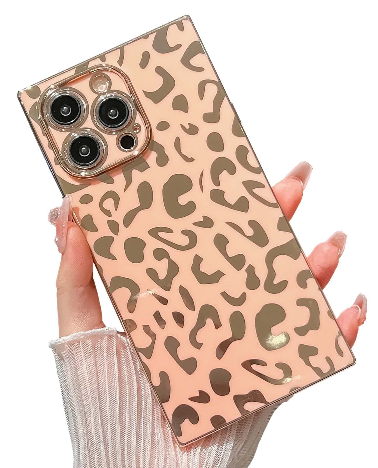 KERZZILElegant Compatible with iPhone 14 Pro Max Square Edge Case, Cute Luxury Leopard Pattern Plating Case Camera Protector Soft TPU Shockproof Protective Corner Back Cover(Pink)