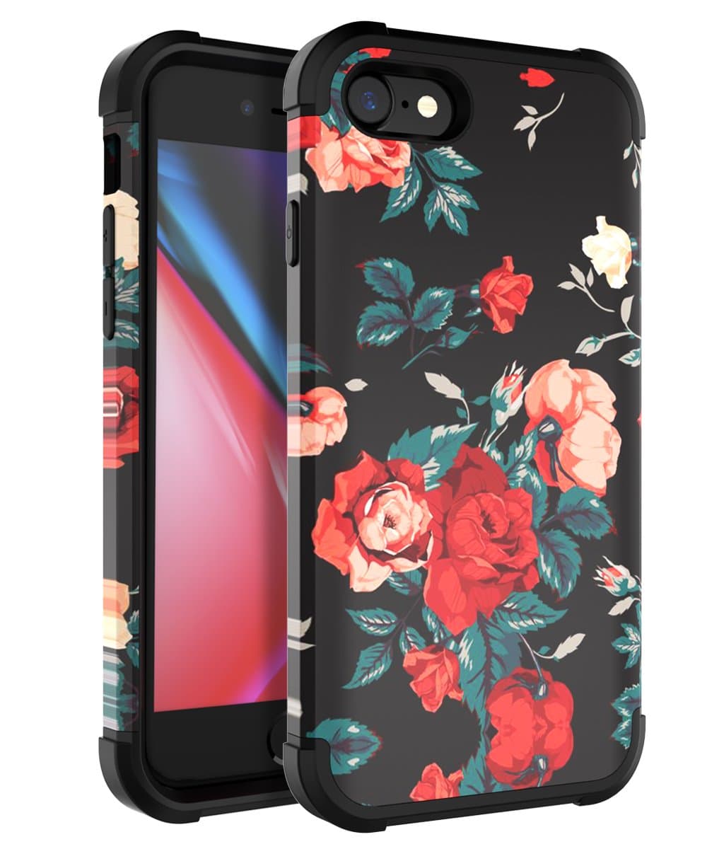 AugeCase Case for iPhone 7/iPhone /,Hybrid Dual Layer Plastic & TPU High Impact Shockproof Protective Cover Cases with Flowers Design for iPhone 7/8(4.7 inch),Red Flower