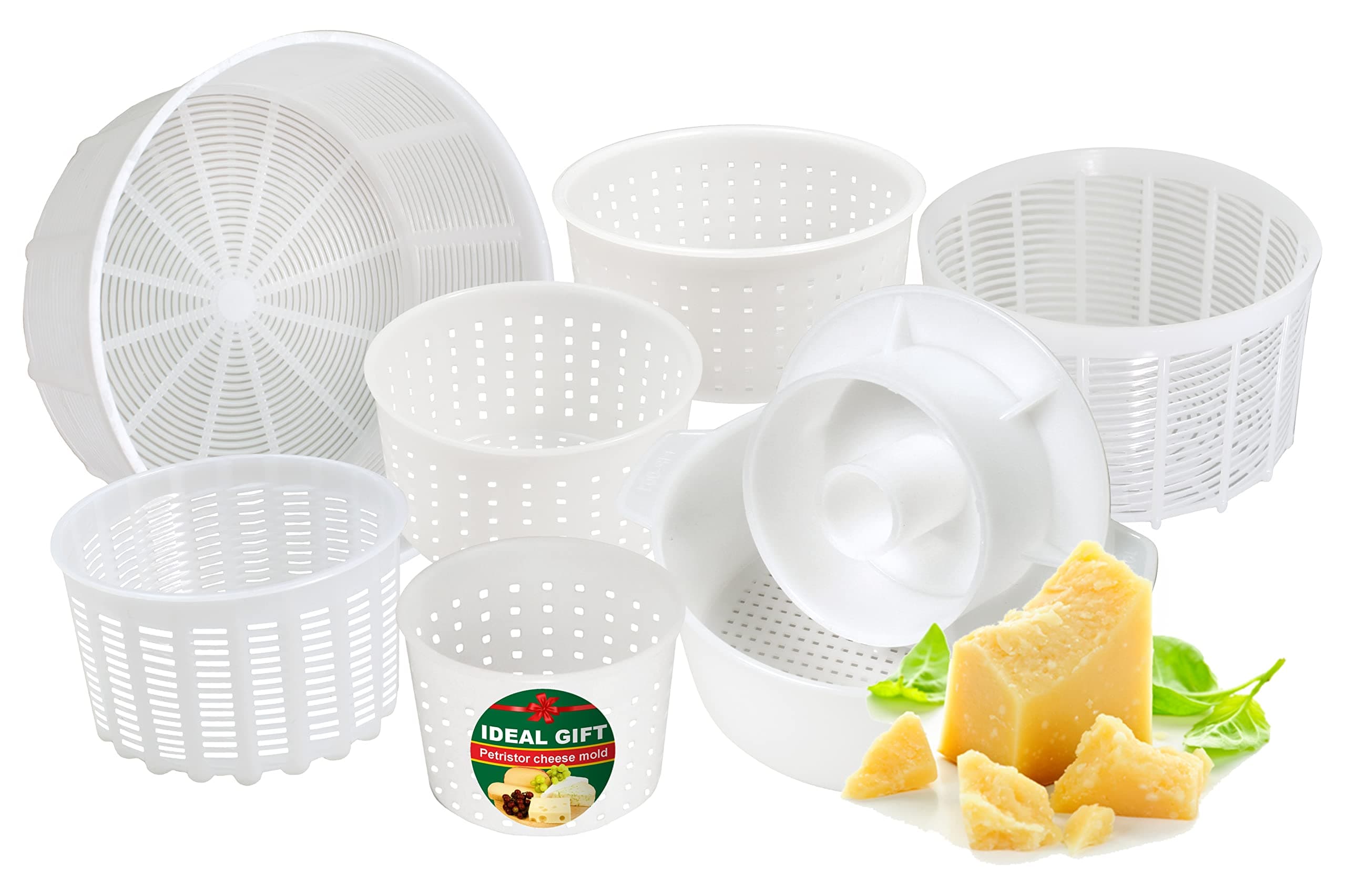 7pcs Cheese Making Kit Beginners №1 - Soft Cheese Molds + Cheese Mold with a Follower Piston - Cheese Making Supplies - Cream Cheese Form Mold Basket