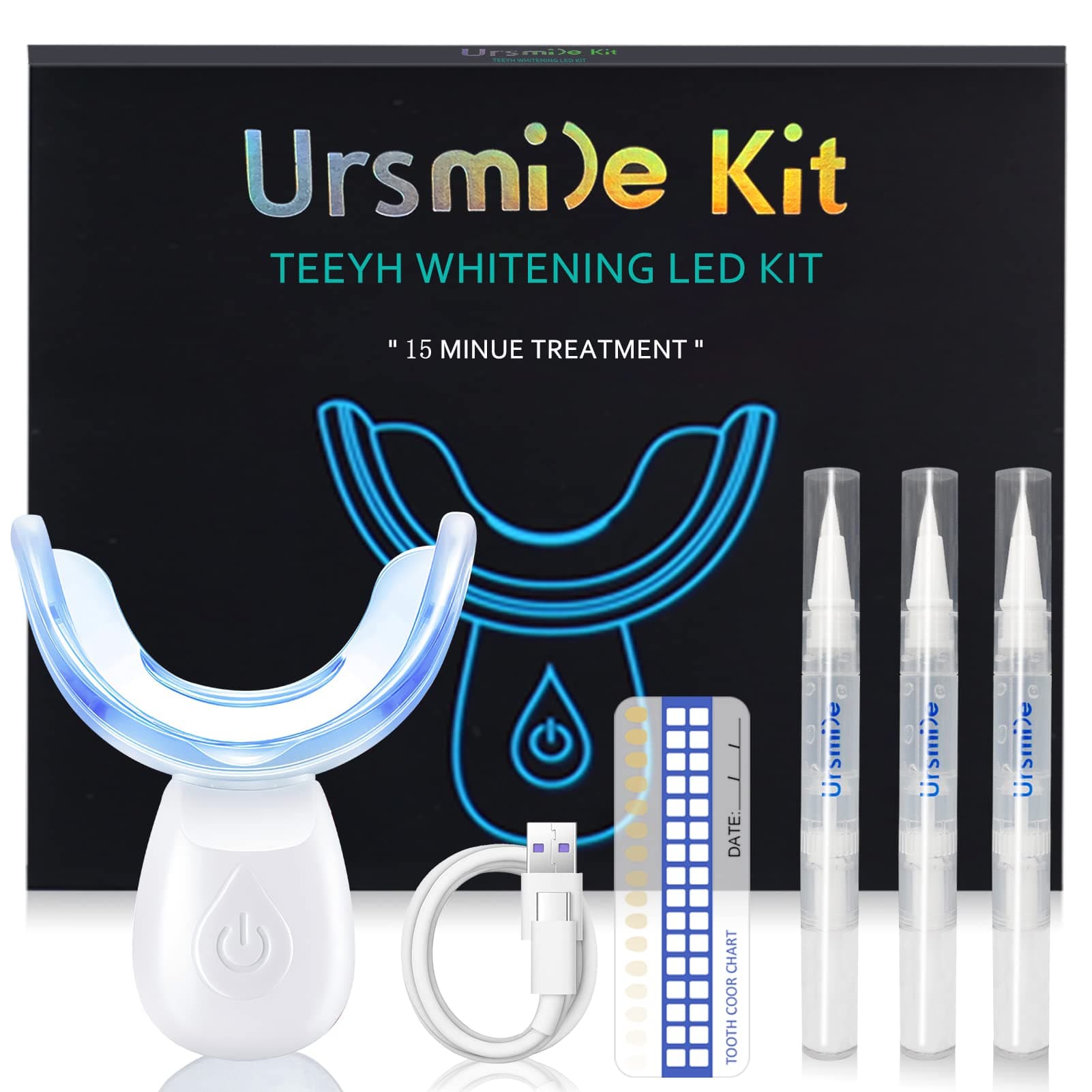 Teeth Whitening Kit with LED Light for Sensitive Teeth and Tooth Whitening System, Home Teeth Whitener with 3 Teeth Whitening Gel Refill Pens, Color Plate, Tray - White